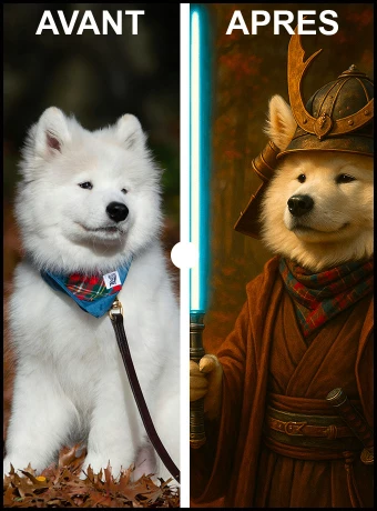 Transformez votre espace avec cette affiche unique de décoration. Ce poster juxtapose un chien adorable et sa version en Jedi, créant une ambiance captivante pour les amateurs d'animaux et de science-fiction. Idéal pour une décoration intérieure distinctive.