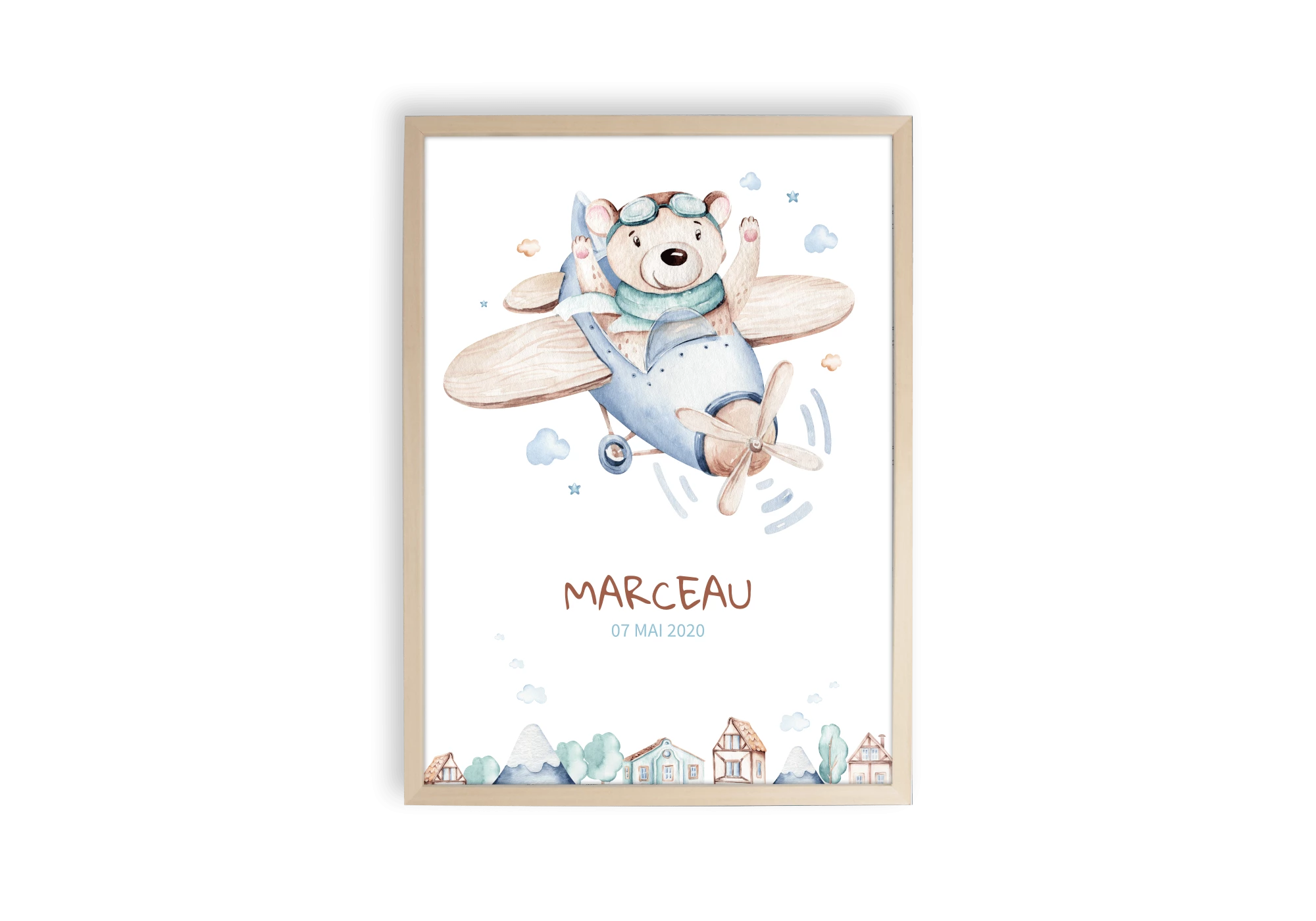 Affiche avion à hélices avec ours. Aquarelle personnalisable