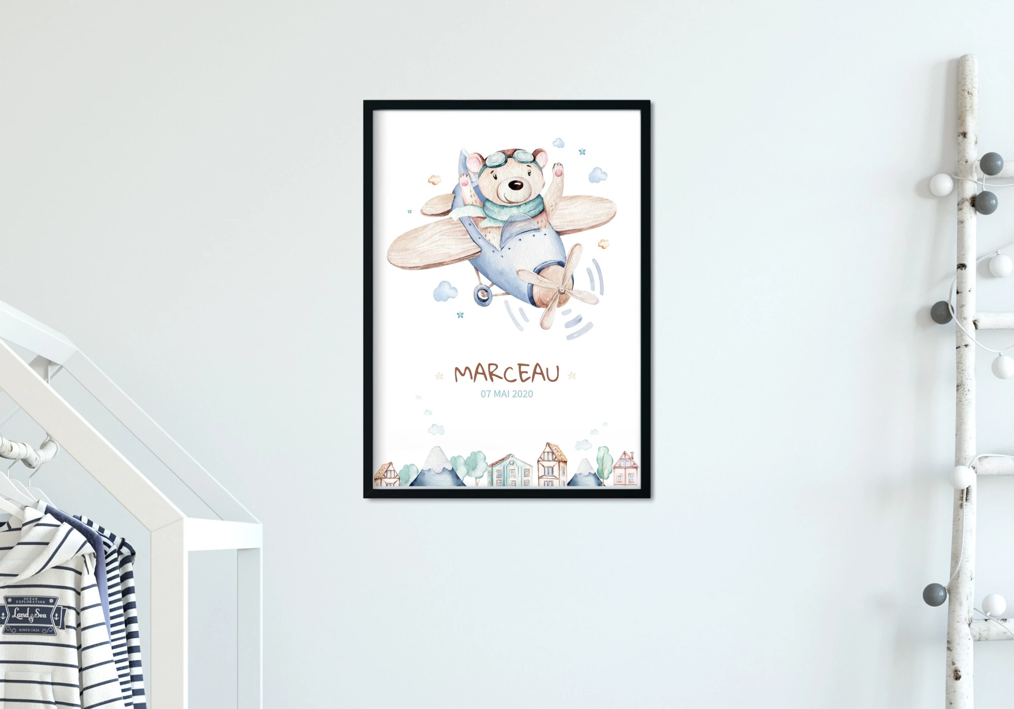 Poster avion à hélices avec ours. Aquarelle personnalisable