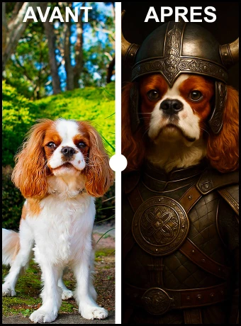 Découvrez notre affiche unique combinant l'élégance d'un chien et l'audace d'un Viking. Parfaite pour la décoration, cette affiche apporte une touche originale et artistique à votre intérieur. Animaux et mythologie se rencontrent pour un design captivant et moderne.