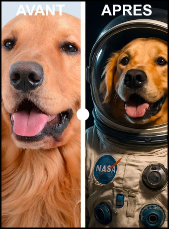 Découvrez notre affiche unique montrant un animal en astronaute. Parfaite pour la décoration, cette affiche captivante transforme un adorable chien en astronaute. Idéale pour les amateurs d'animaux et de l'espace. Ajoutez une touche d'originalité avec notre poster animal astronaute.