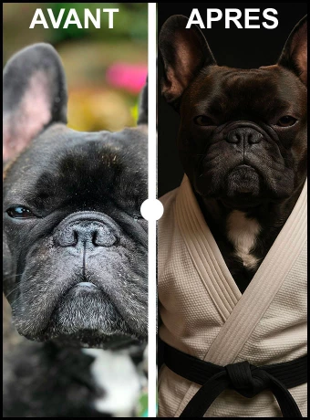Découvrez notre affiche unique de décoration avec un charmant bulldog avant et après sa transformation en judoka. Idéal pour les amateurs d'animaux et d'arts martiaux, ce poster ajoutera une touche d'humour et de style à votre intérieur. Parfait pour embellir vos espaces de vie.