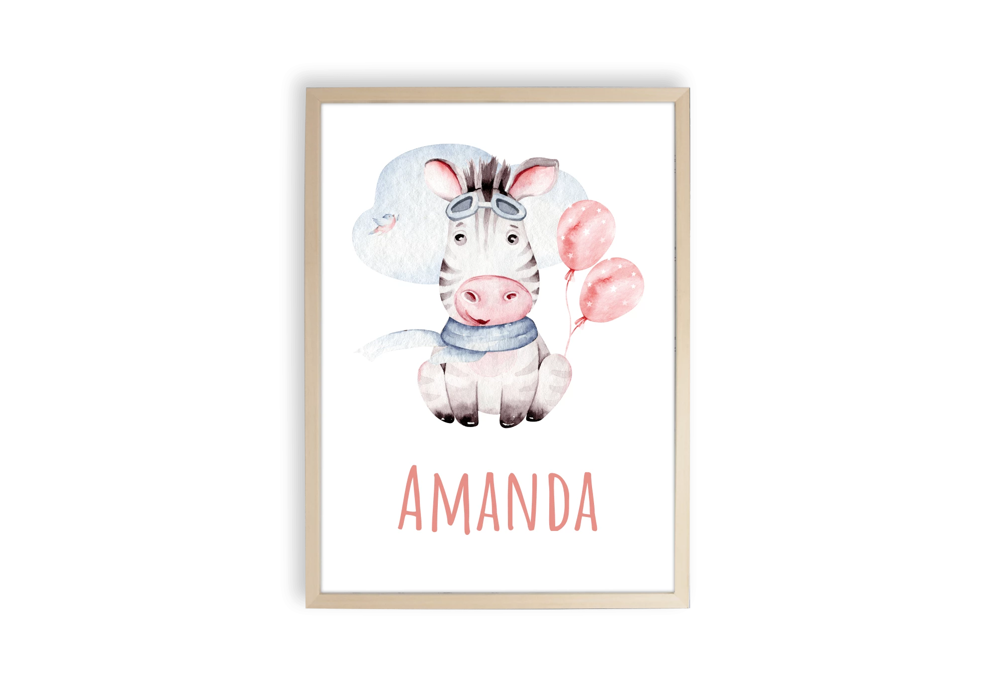 Affiche zèbre aquarelle personnsalisable pour chambre enfant.