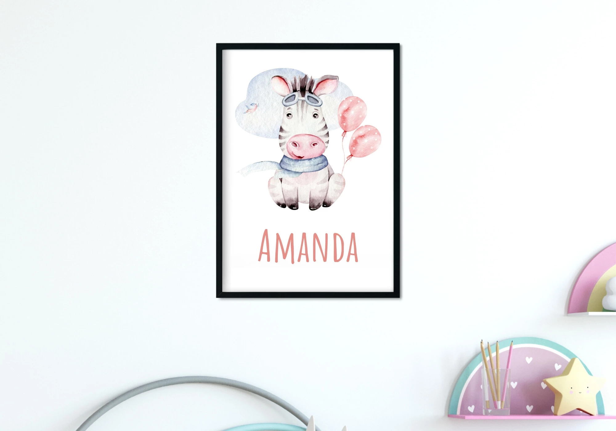 Poster zèbre aquarelle personnsalisable pour chambre enfant.
