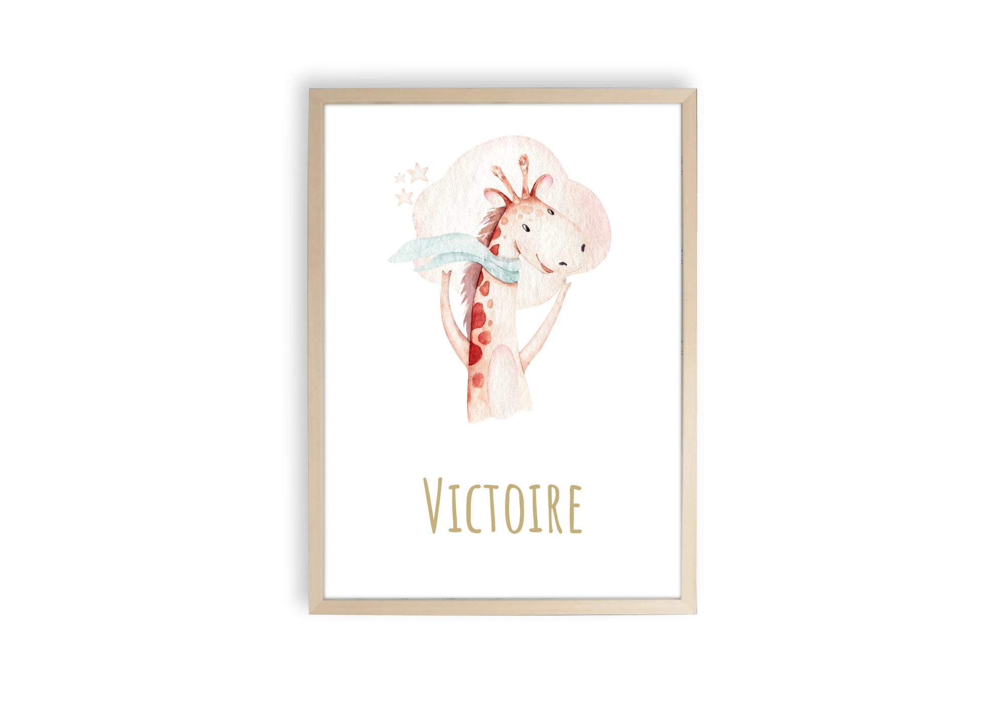 Affiche aquarelle girafe en écharpe personnalisable pour chambre enfant.