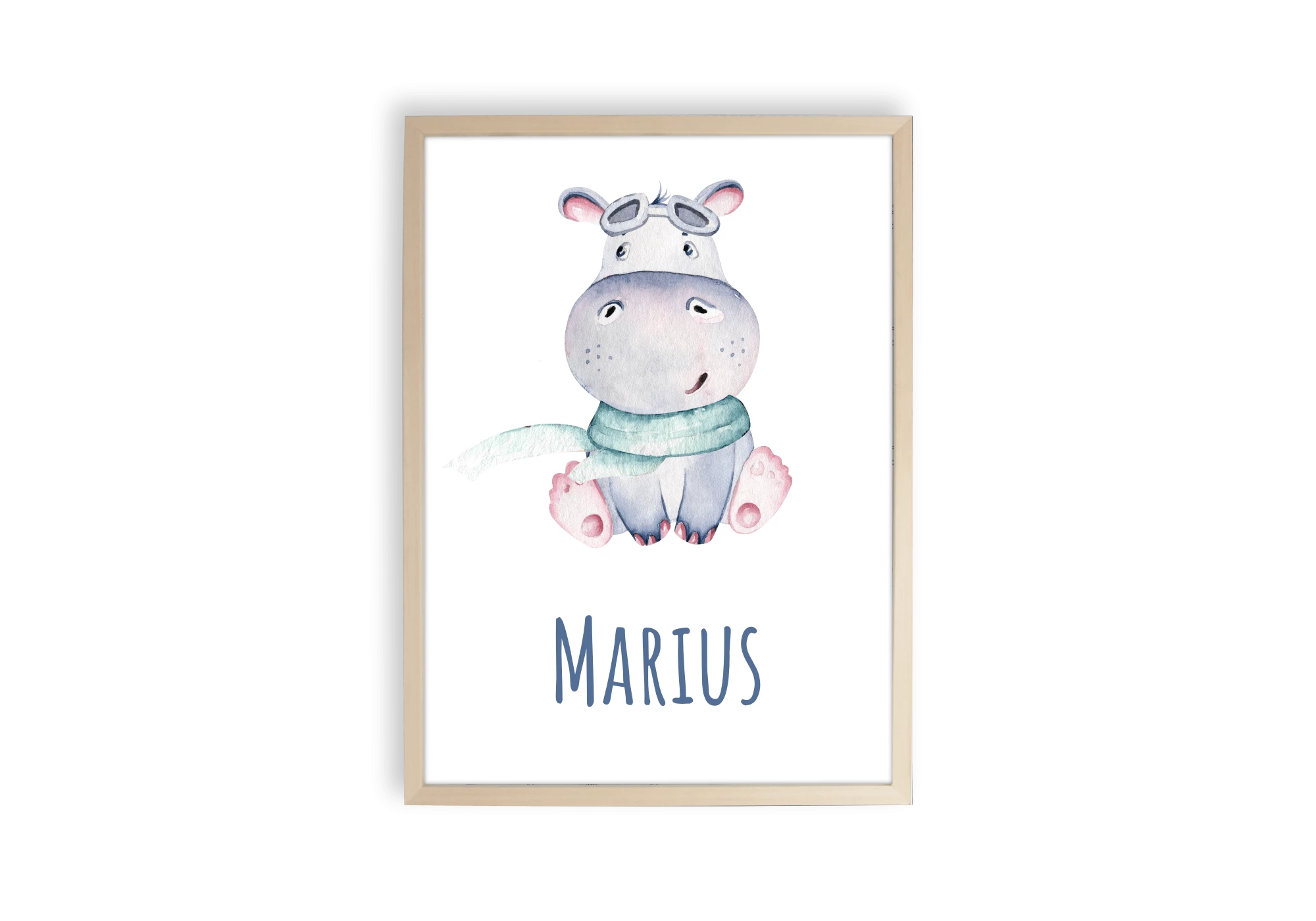 Affiche bébé hippopotame en aquarelle avec le prénom Marius personnalisable. Idéal pour chambre enfant.