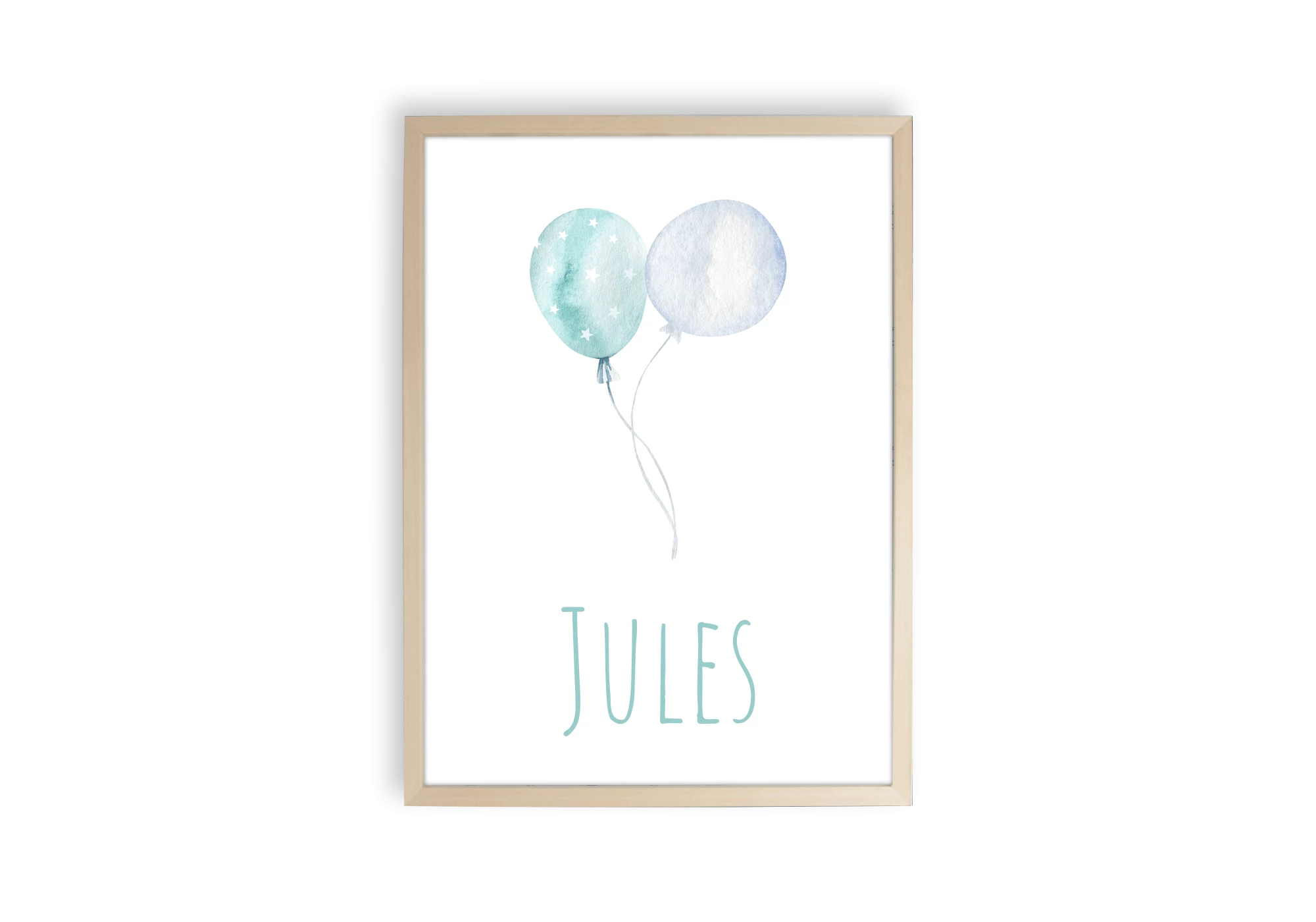 Affiche prenom Jules ballons bleus aquarelle personnalisable.