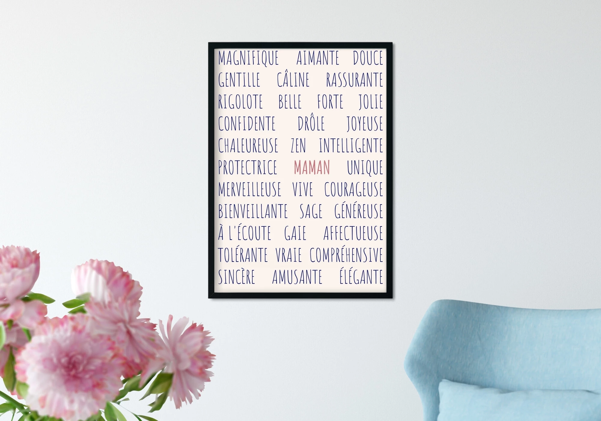 Poster fête des meres avec les adjectifs d'une maman.
