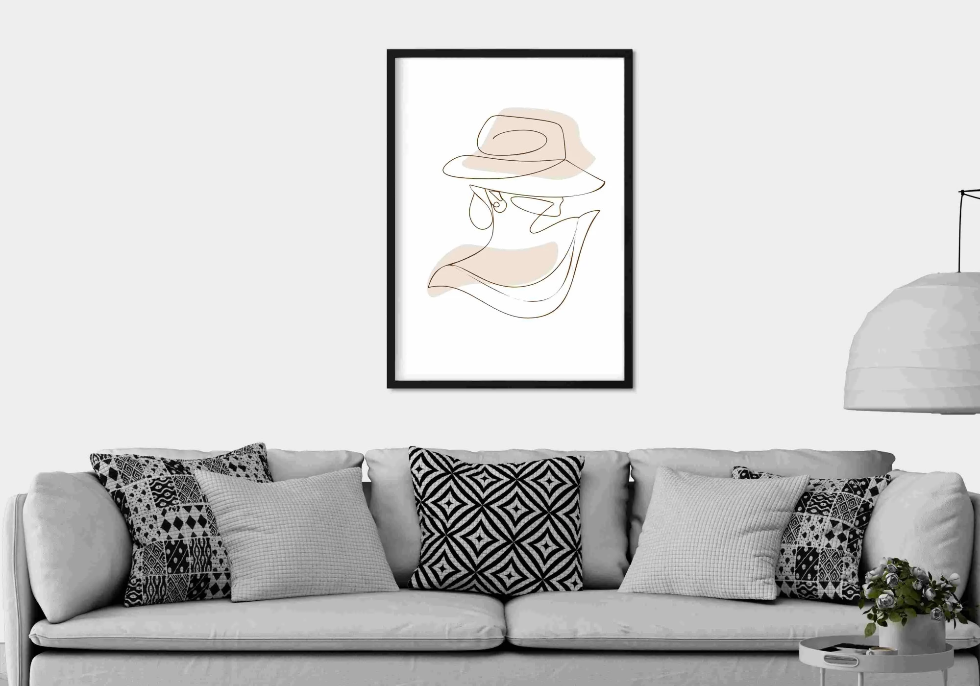 Poster line art d'une femme de profil portant un chapeau.