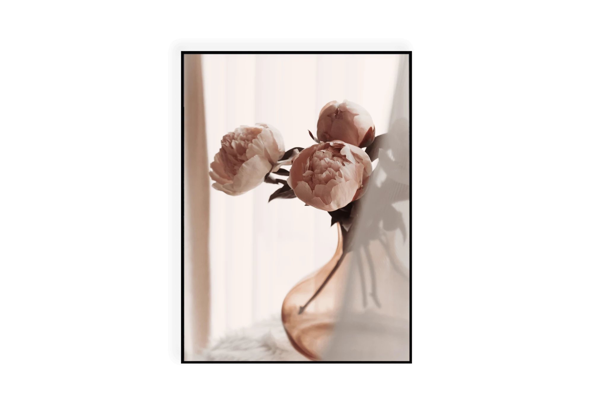 Photographie de trois pivoines roses dans un vase fumé rose.