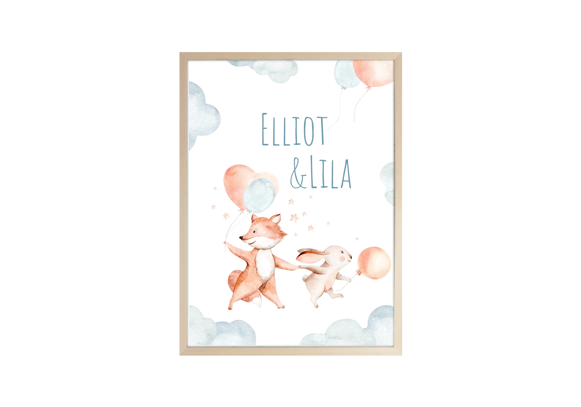 Superbe affiche d'un lapin et d'un renard entouré d'étoiles et tenant des ballons à la patte.