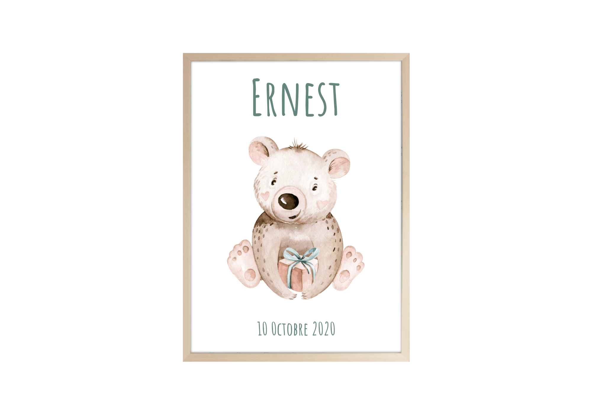 Affiche ourson avec un cadeau de style aquarelle à associer à nos affiches animaux dans une chambre enfant.