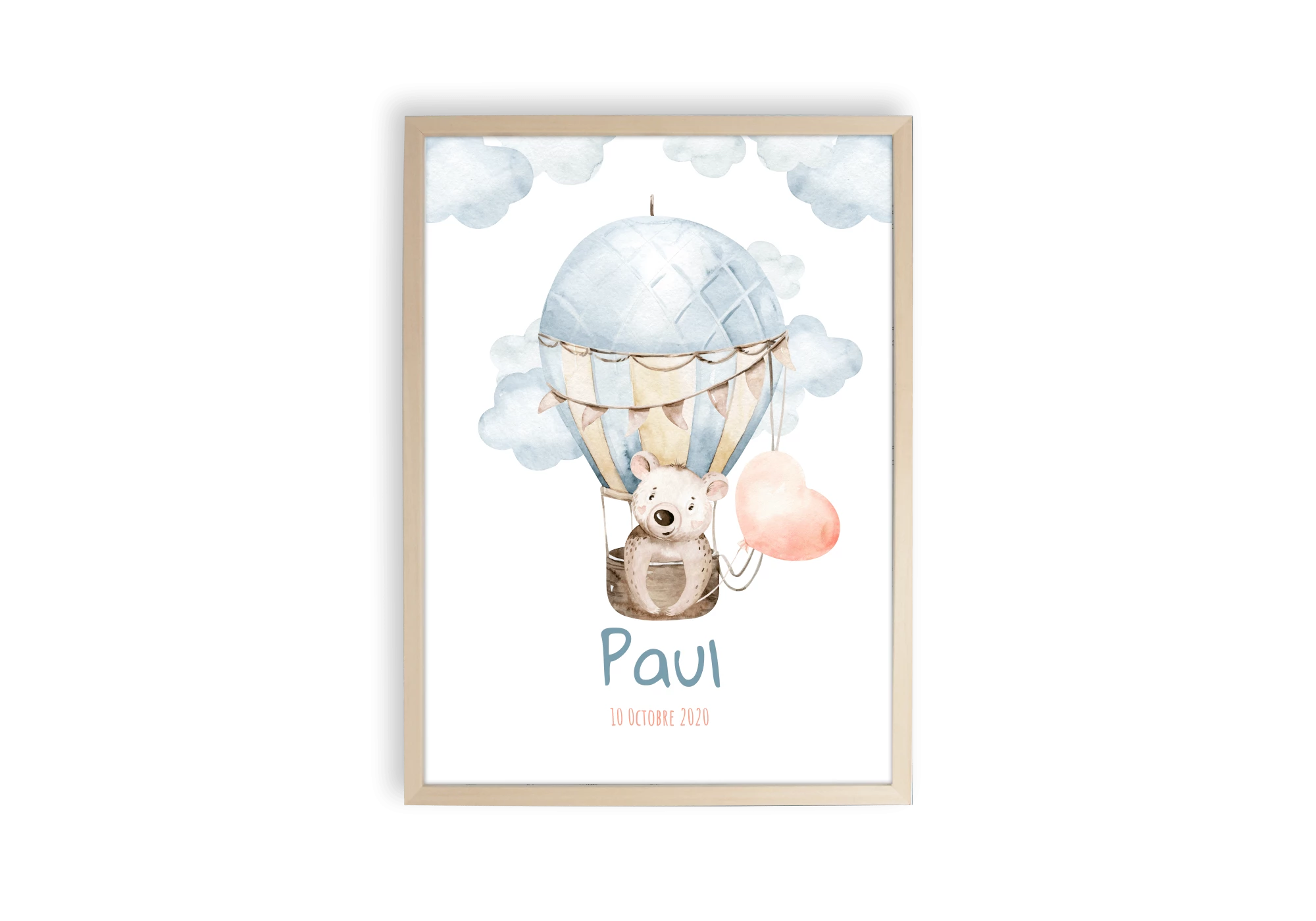 Superbe affiche d'un ours brun en montgolfière. Ce poster est réalisé en effet aquarelle et est personnalisable avec le prénom de votre enfant.