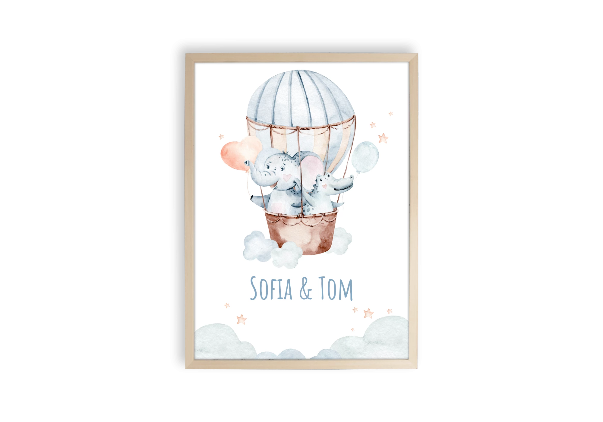 Poster d'un éléphant et d'un crocodile en montgolfière bleue et rose. Affiche pour enfant.