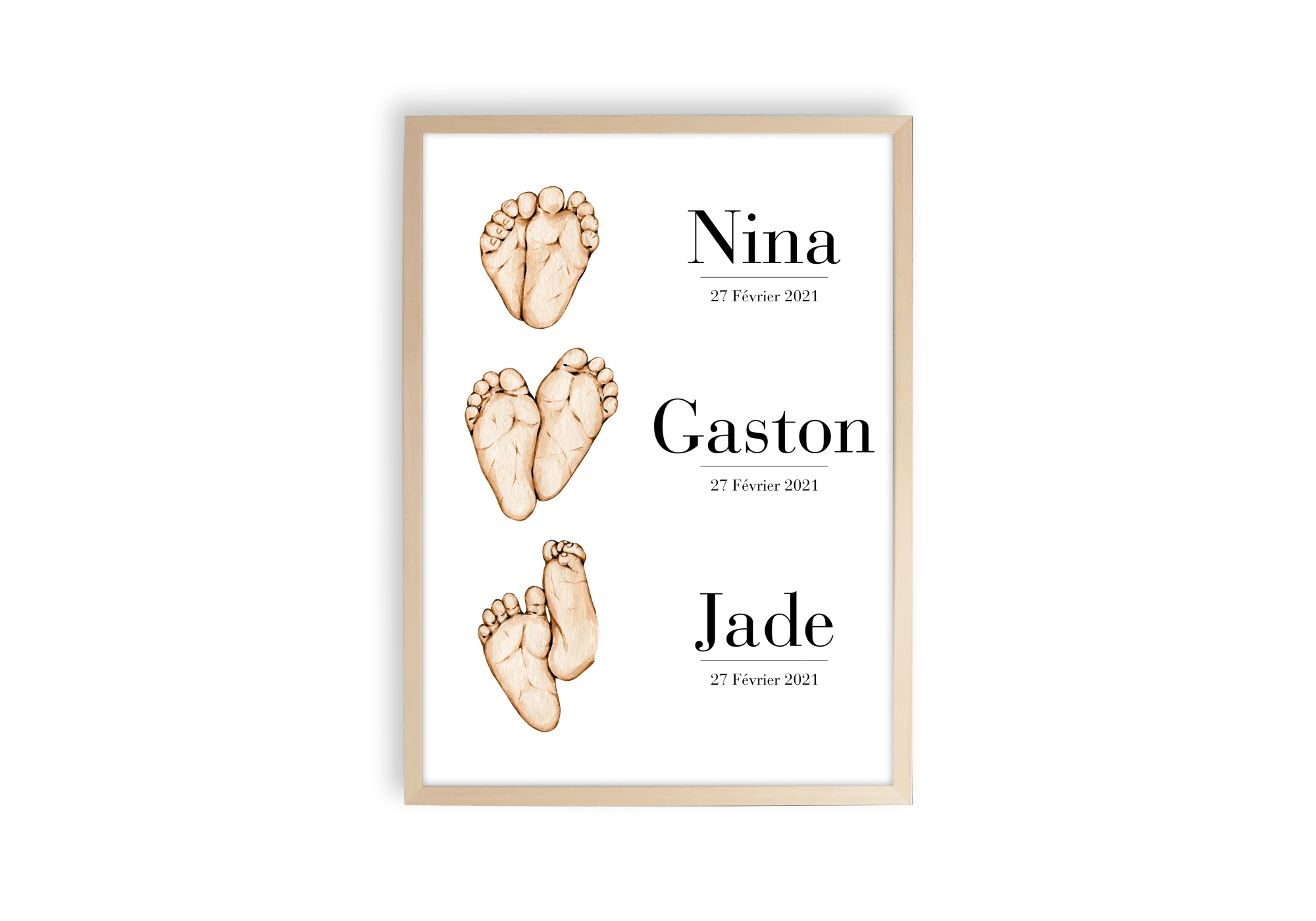 Affiche représentant la naissance de 3 enfants. Personnalisez-la  avec le prénom des enfants ainsi que leur date de naissance pour un super souvenir.