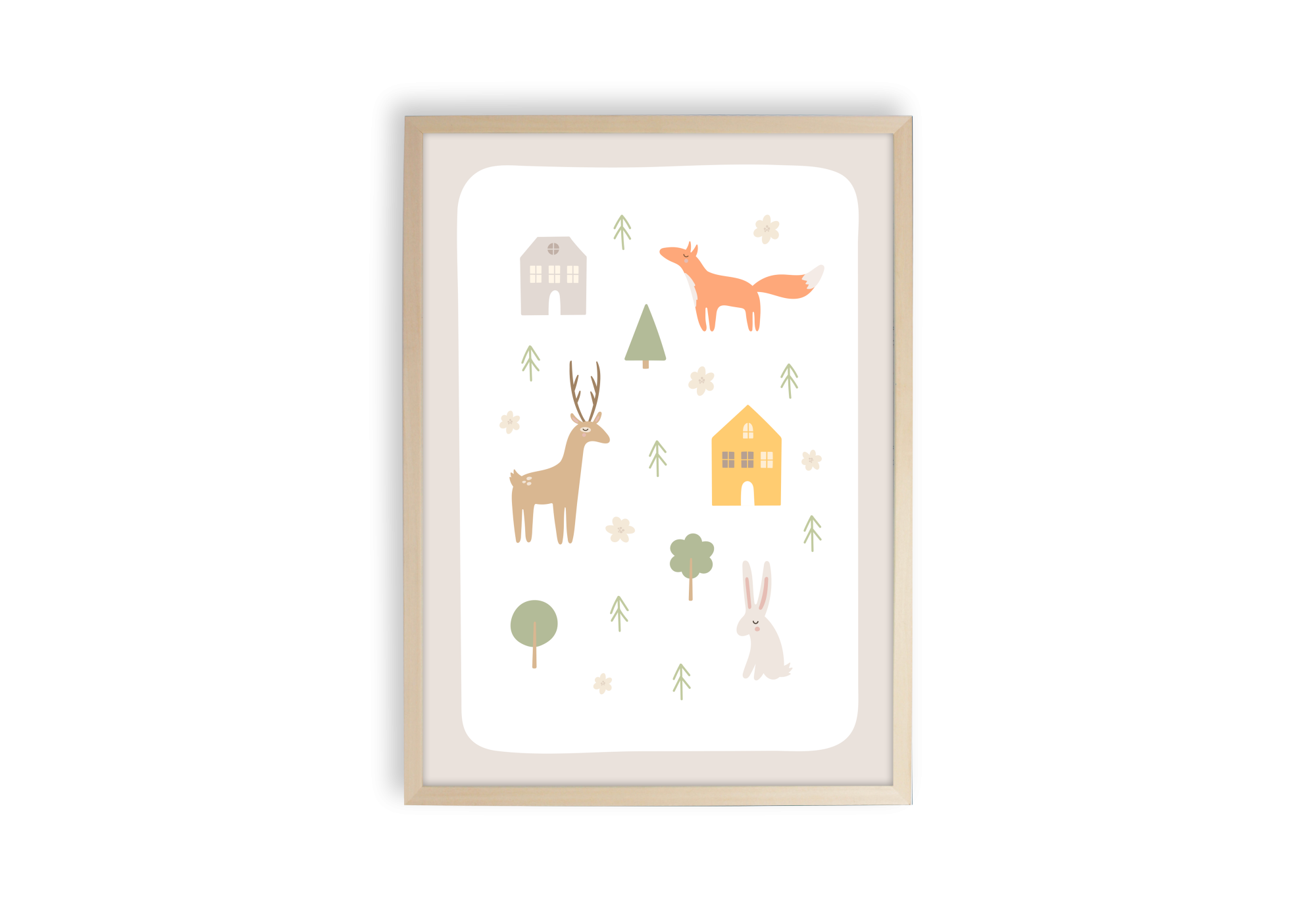 affiche renard, cerf et lapin sur fond dans la forêt blanc