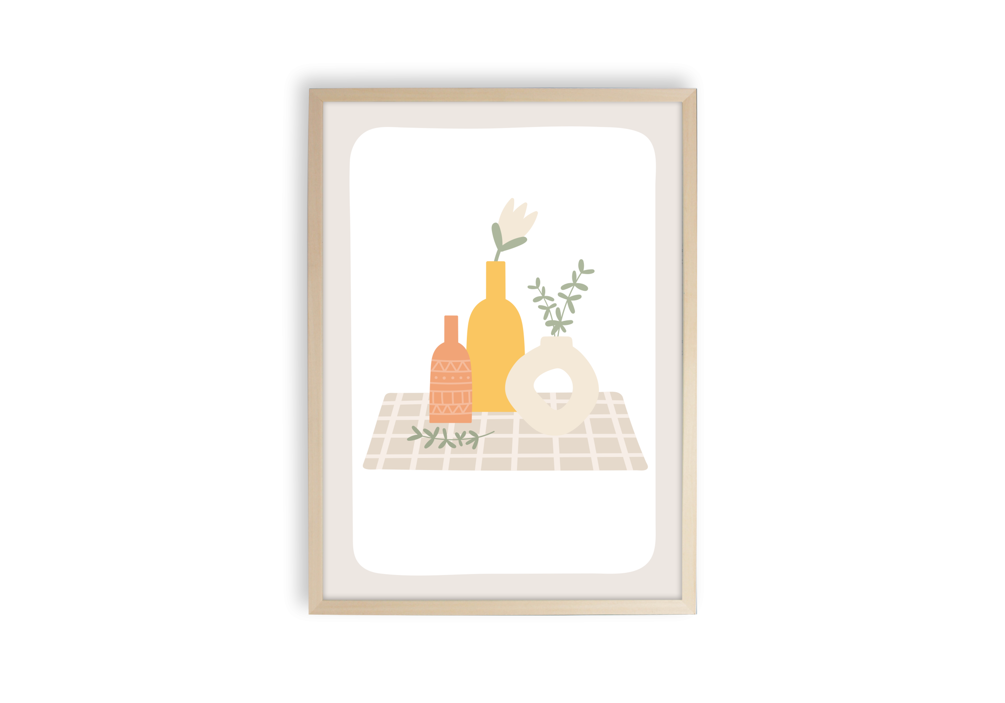 affiche vases et fleurs sur nappe vichy