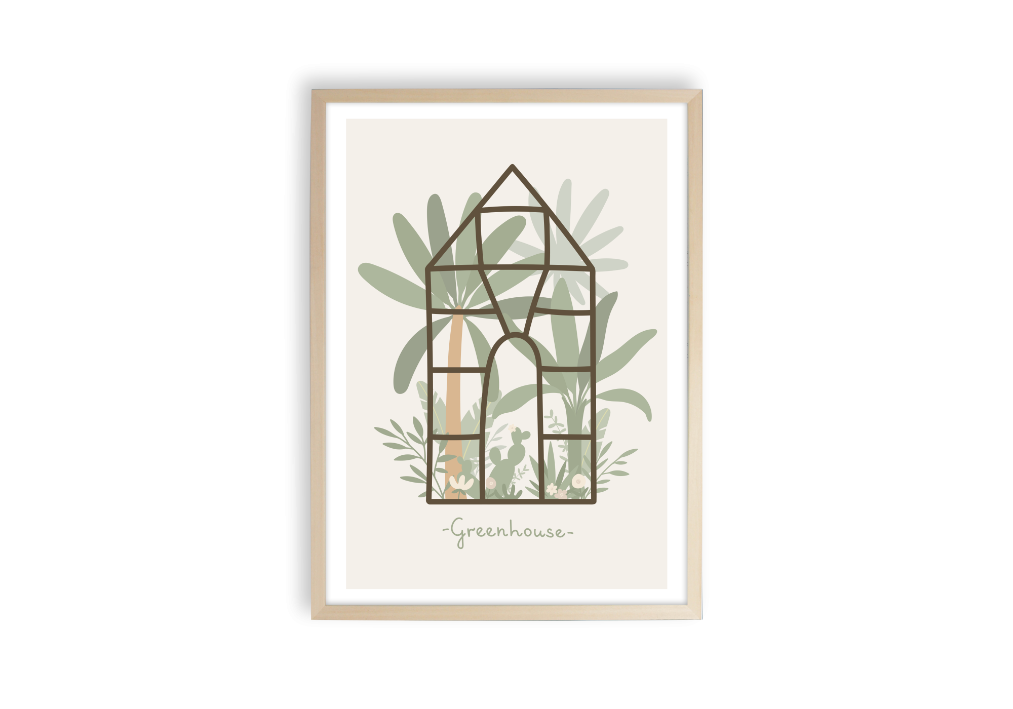 poster d'une serre avec ses diverses plantes : palmier, cactus, fleurs...