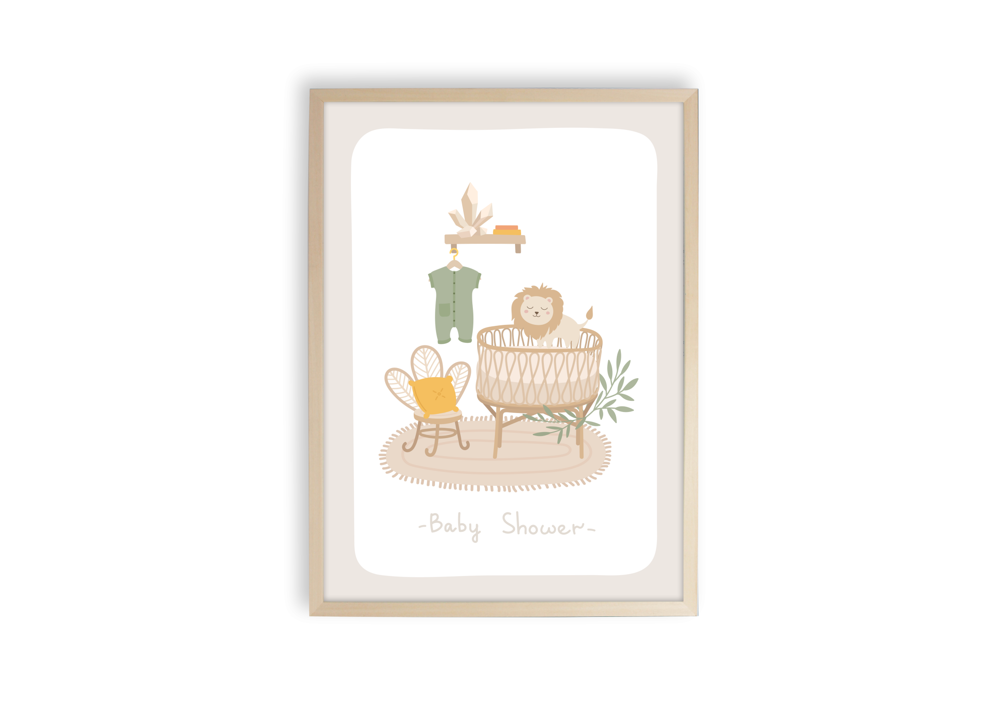 poster baby shower représentant une chambre d'enfant avec lit, livres, étagère, plante, chaise, coussin, lion en peluche, salopette
