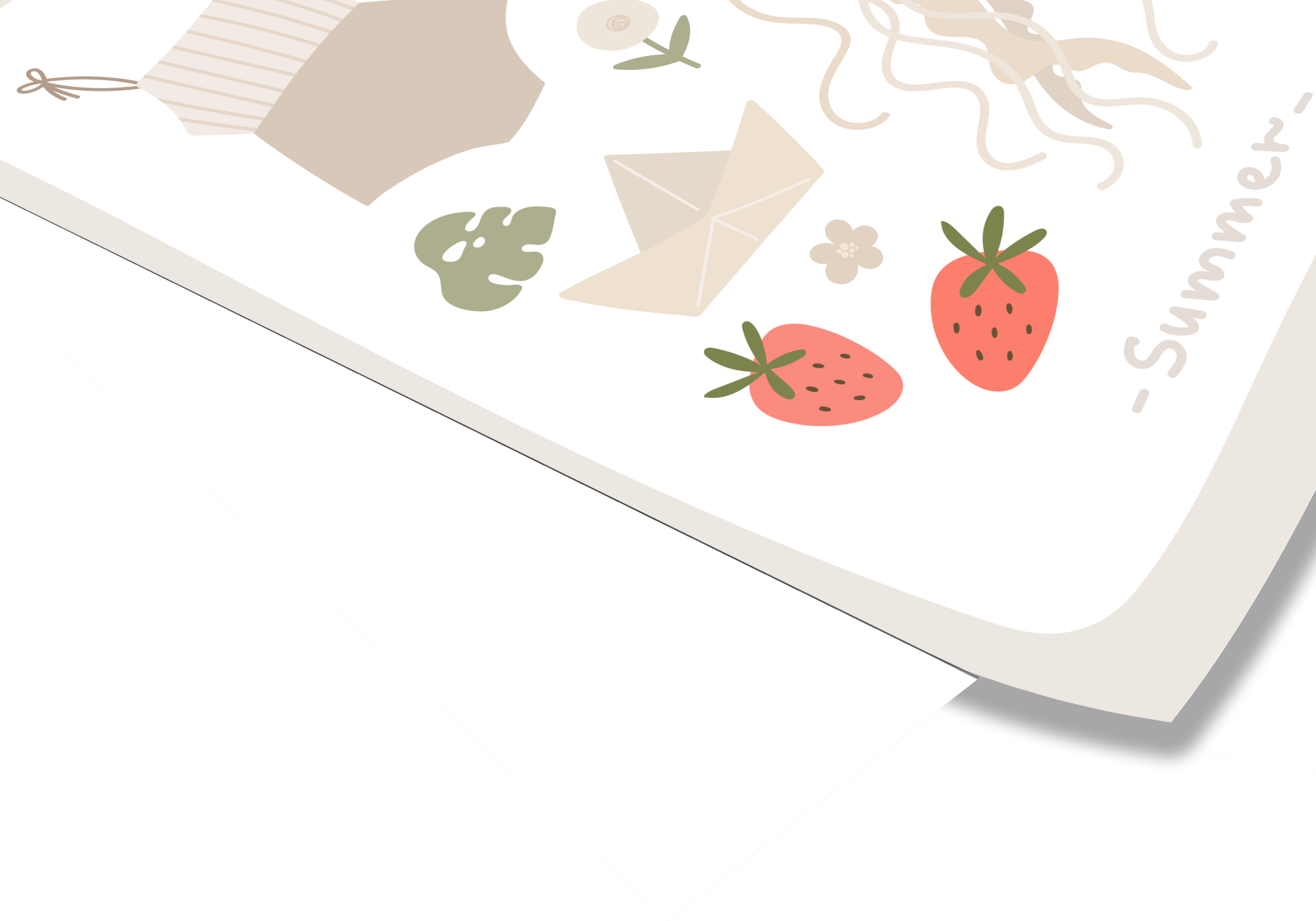 poster panoplie bébé fille à la plage avec fruits frais, maillot de bain, bateau en papier et méduse
