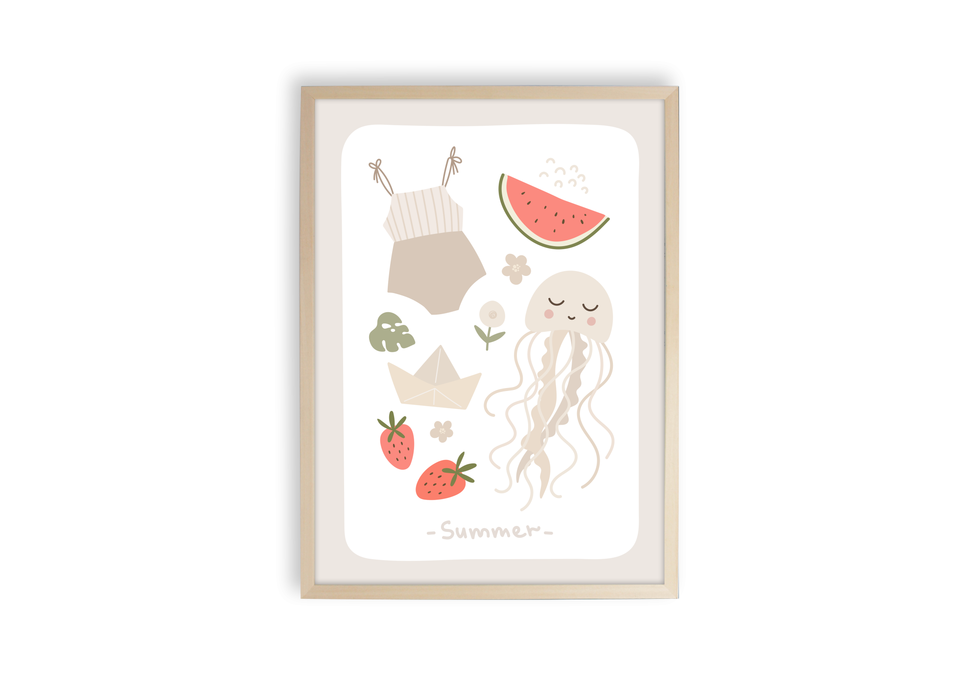 affiche bébé fille à la plage avec maillot de bain, fruits, jouets et méduse