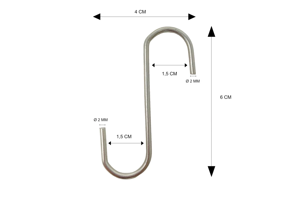 Crochet S pour suspension sur grille caddie ou grille caddy pour expositions
S métallique argenté aussi appelé esse métallique