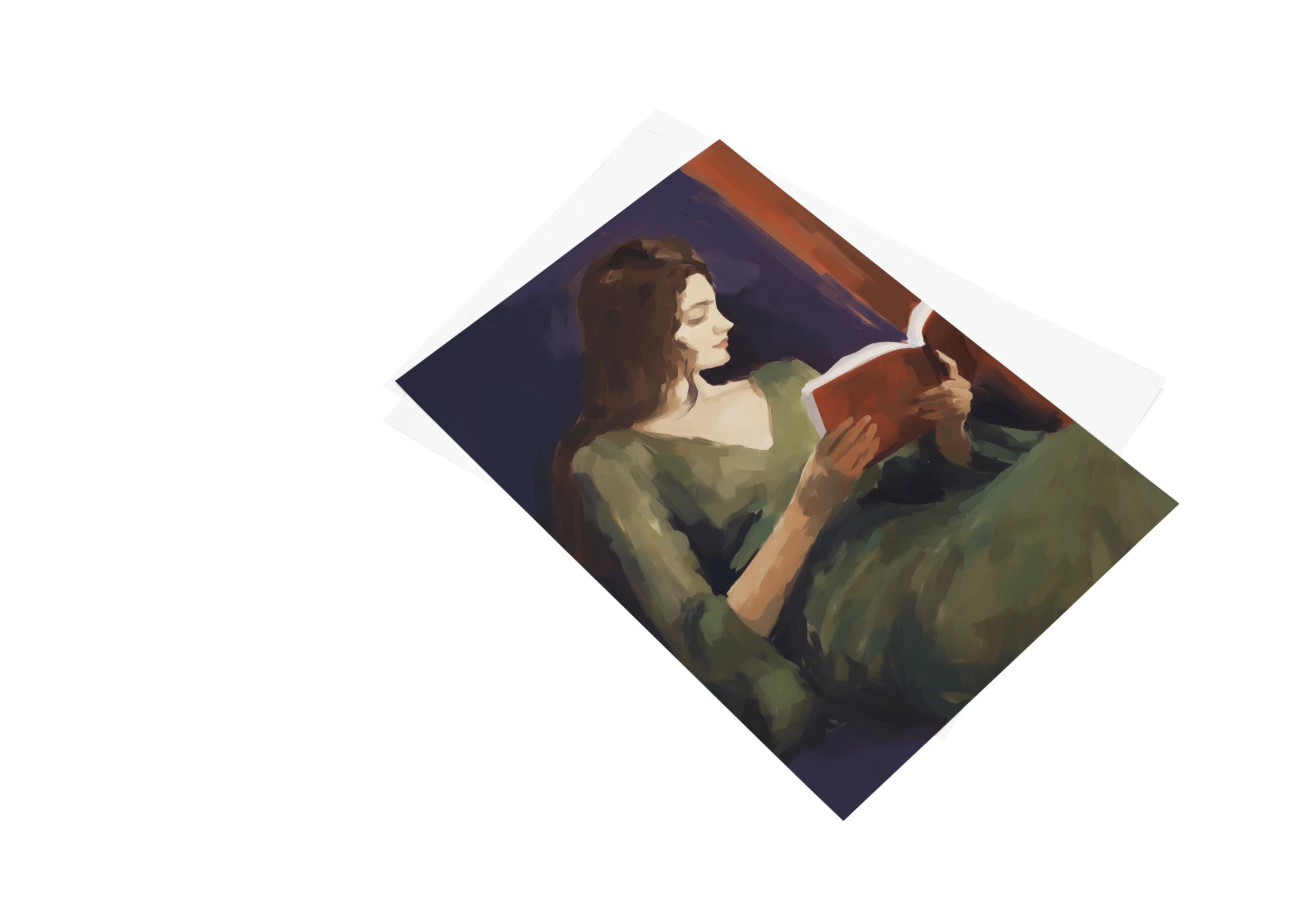 Découvrez cette élégante affiche de portrait, montrant une femme qui lit tranquillement, parfaite pour ajouter une touche artistique à votre décoration. Poster idéal pour bibliothèques et salons cosy.