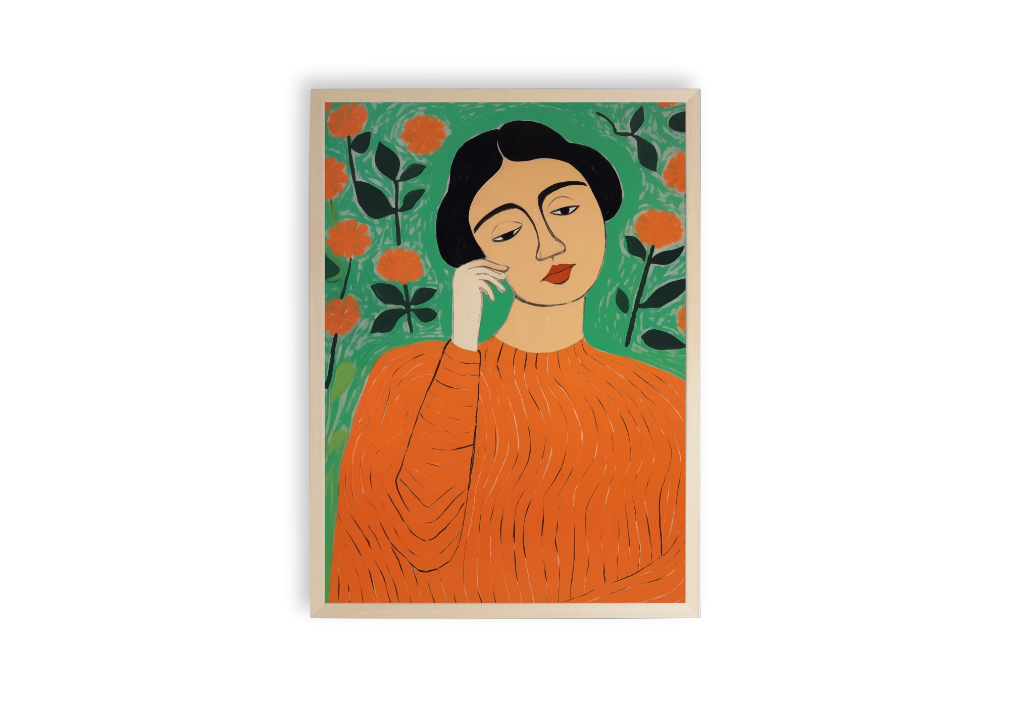 Découvrez notre affiche "La Femme au Pull Over Orange", un poster artistique idéal pour embellir votre décoration. Portrait stylisé, parfaite pour un cadre moderne.