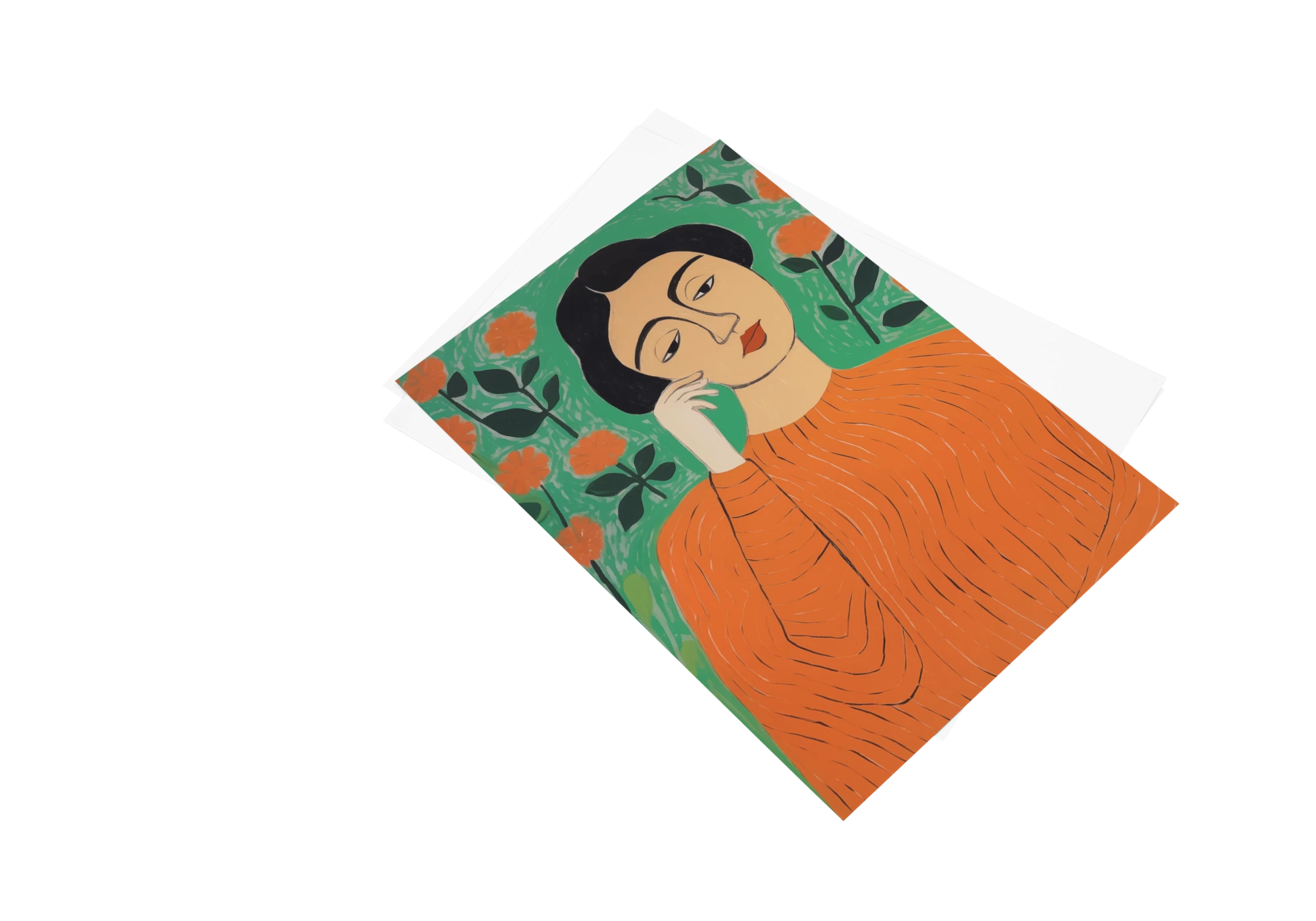 Optez pour une décoration élégante avec cette affiche d'art unique "La Femme au Pull Over Orange". Un portrait captivant pour sublimer tout espace intérieur.