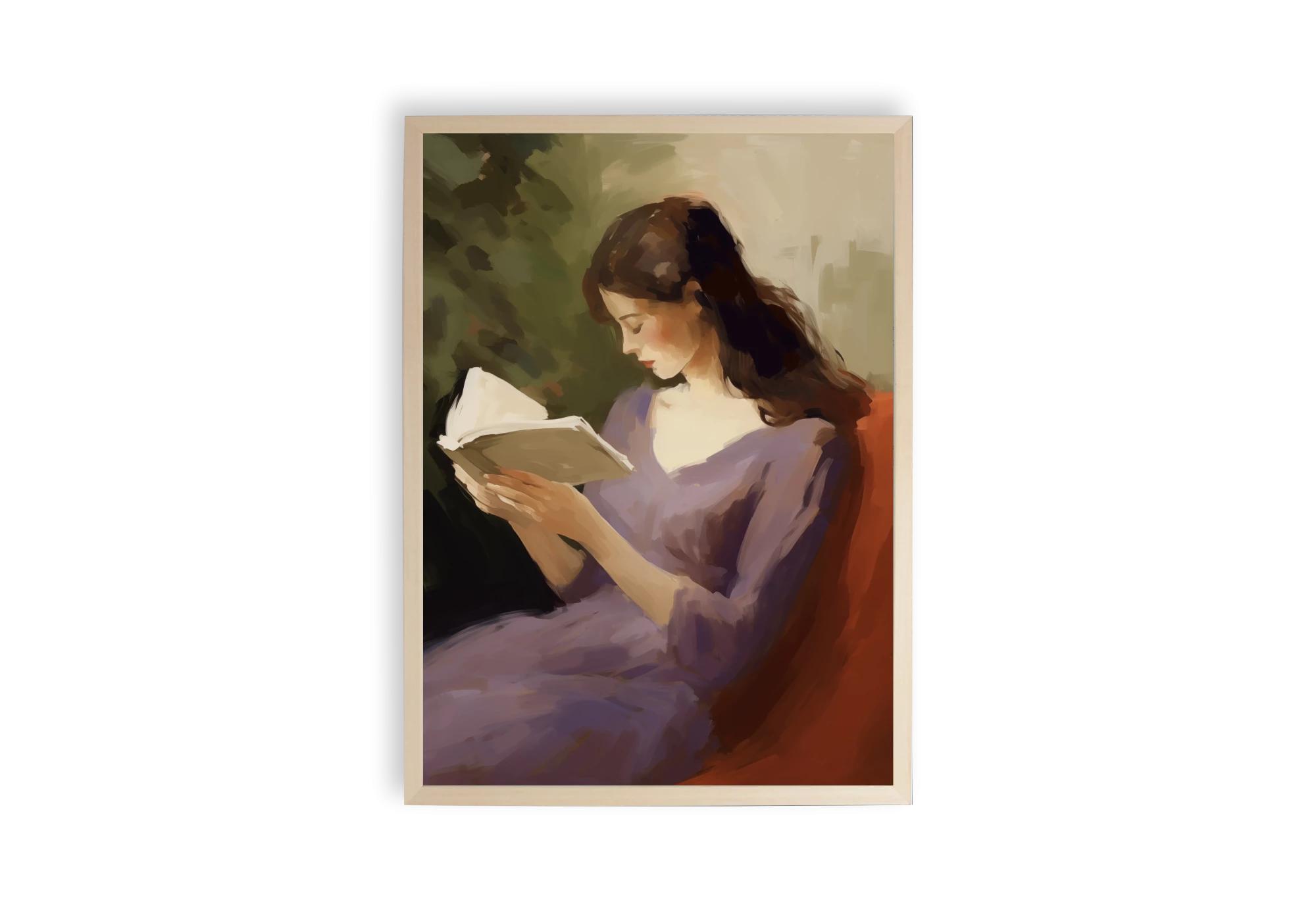 Voici notre affiche artistique montrant une femme absorbée par sa lecture, parfaite pour ajouter une touche de sérénité et de culture à votre décoration intérieure. Idéal comme poster pour bibliothèque ou salon.