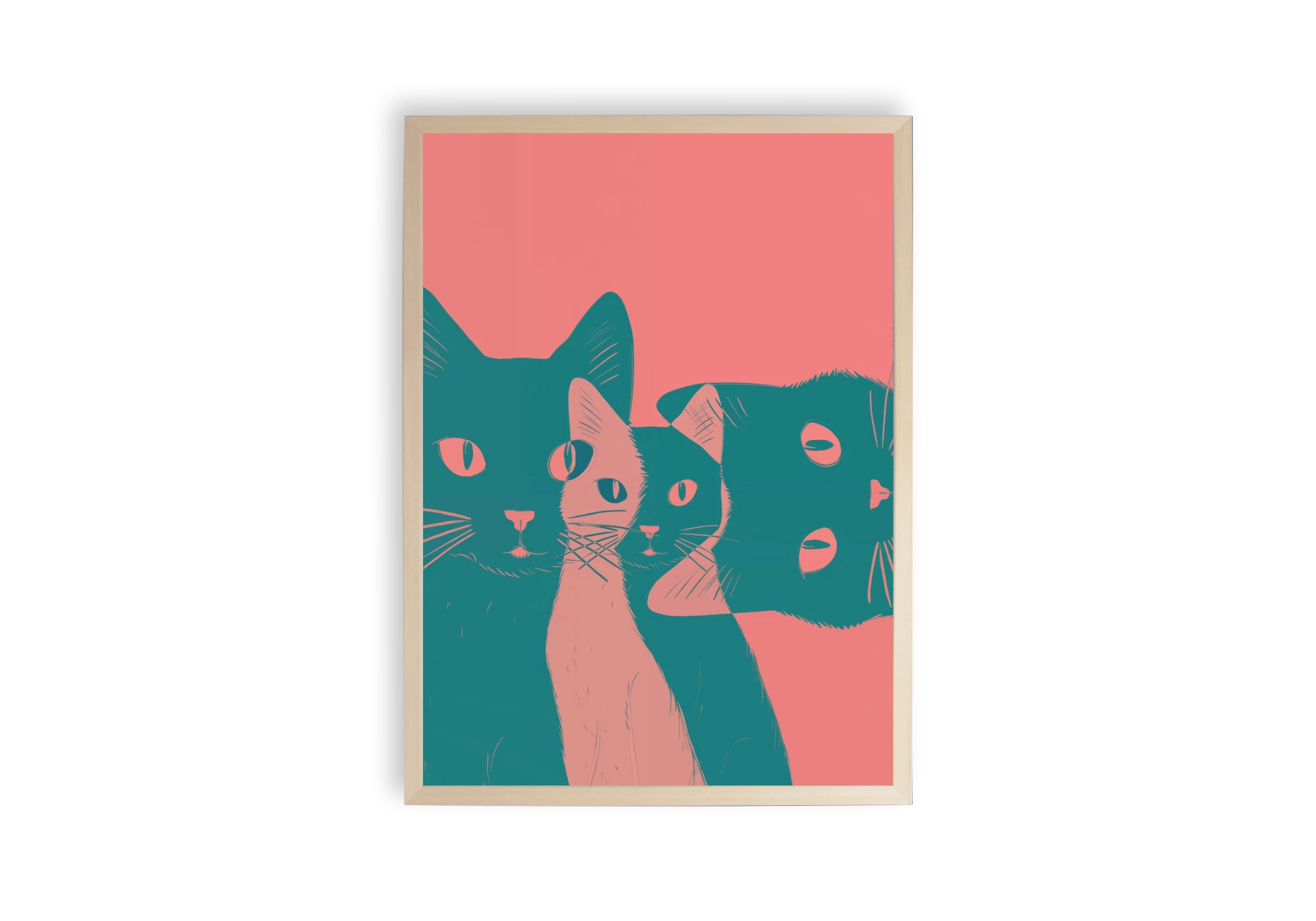 Affiche moderne, "Trio de chats" est parfaite pour ajouter une touche artistique à votre décoration intérieure. Cette œuvre allie élégance et simplicité, idéale pour les amateurs d'animaux et de design contemporain.