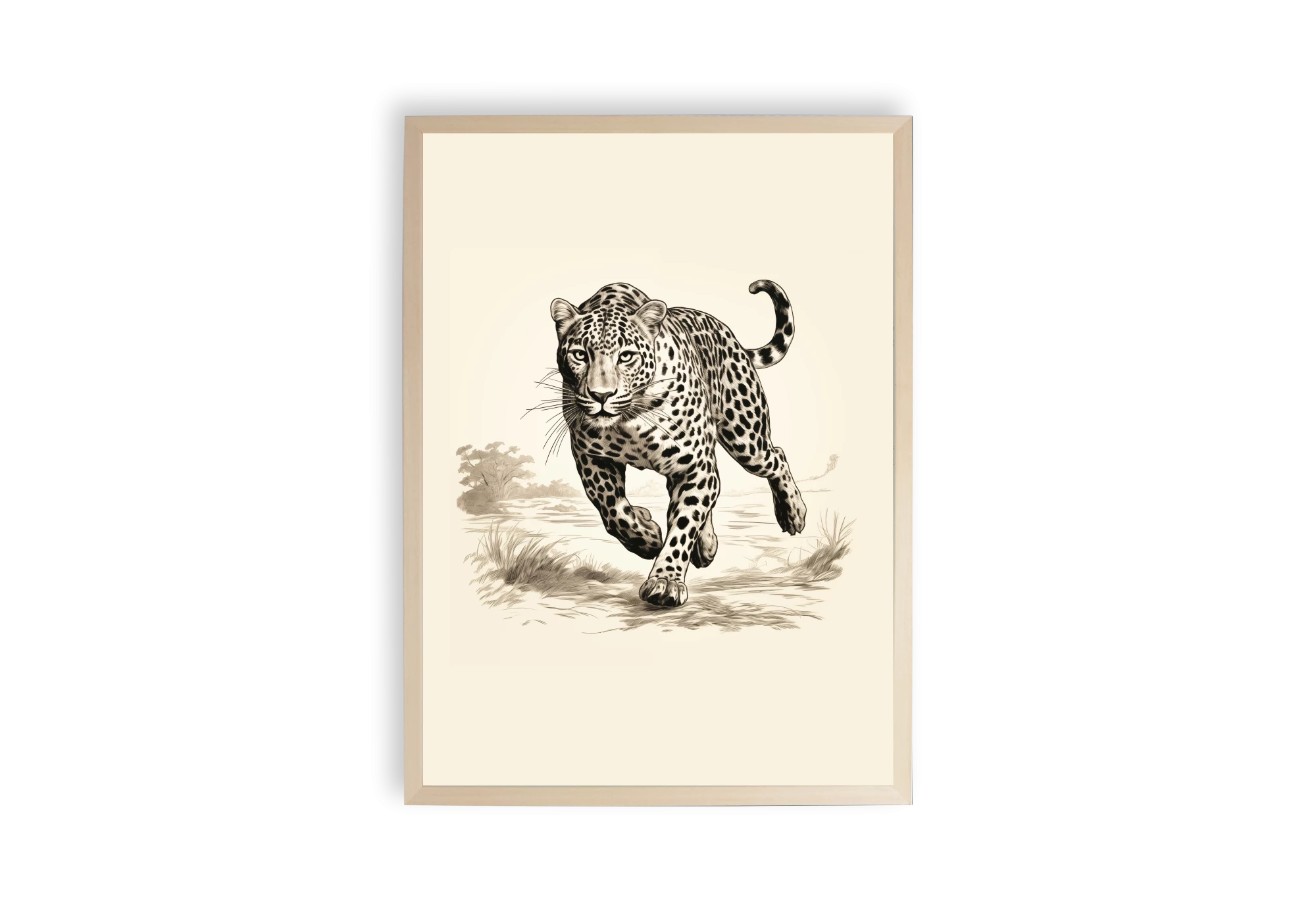 Cette affiche artistique représente un léopard en pleine course, idéale pour apporter une touche sauvage et élégante à l'intérieur de votre maison. Encadrée, elle s'intègre parfaitement à tout type de décoration.