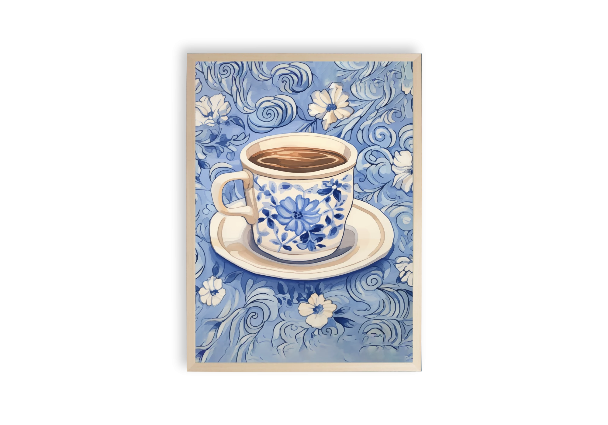 Découvrez cette magnifique affiche mettant en scène une tasse ornée de motifs floraux bleus, parfaite pour sublimer l'intérieur de votre maison. Encadrée pour une touche d'élégance, elle apporte une ambiance douce et apaisante à votre décor.