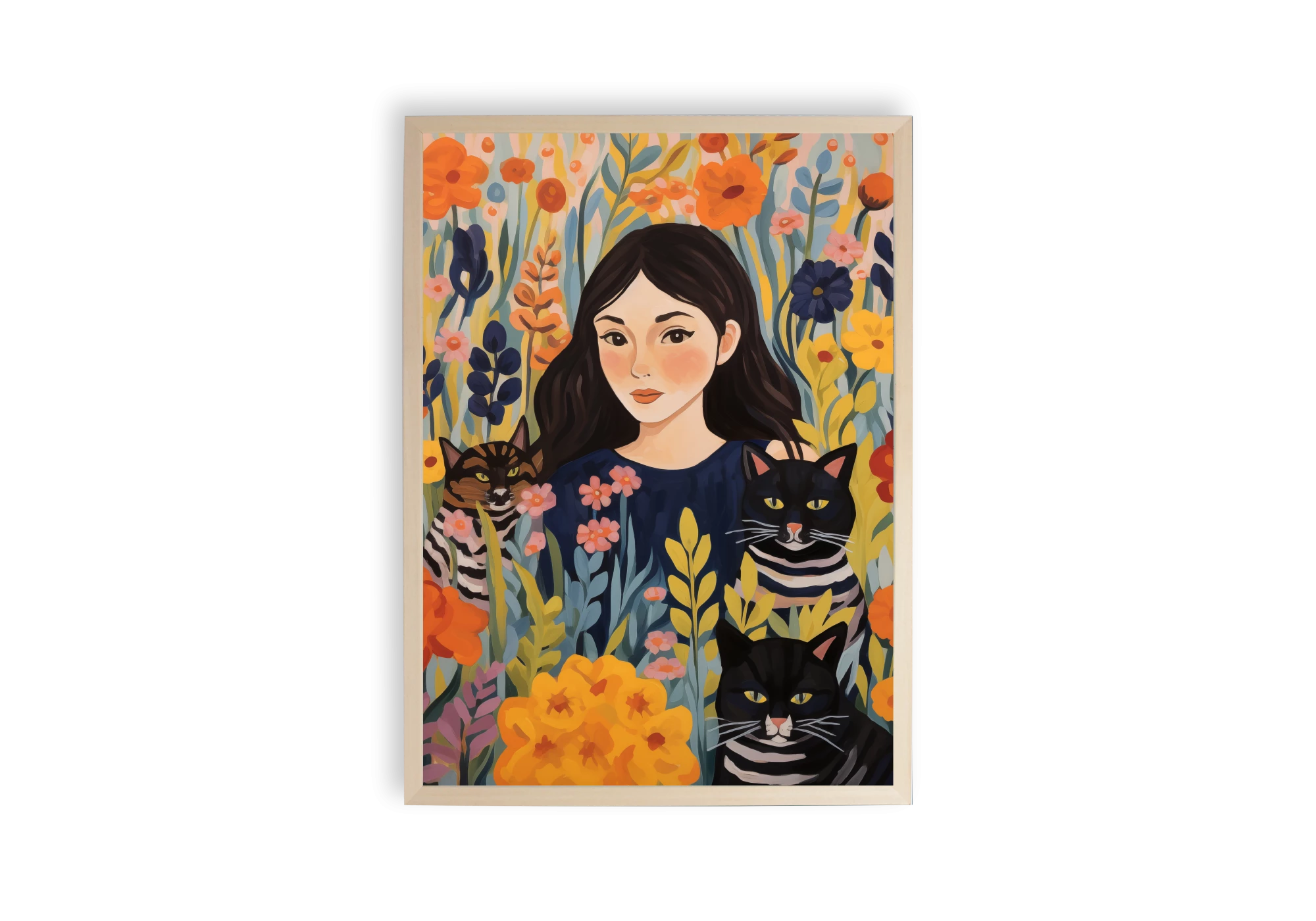 Incorporez cette affiche vibrante à votre intérieur pour une touche de magie. Ce poster captivant, encadré avec soin, présente une femme entourée de chats et de fleurs, parfait pour égayer votre maison et refléter votre style unique. Idéal pour toutes les pièces avec ses couleurs joyeuses.