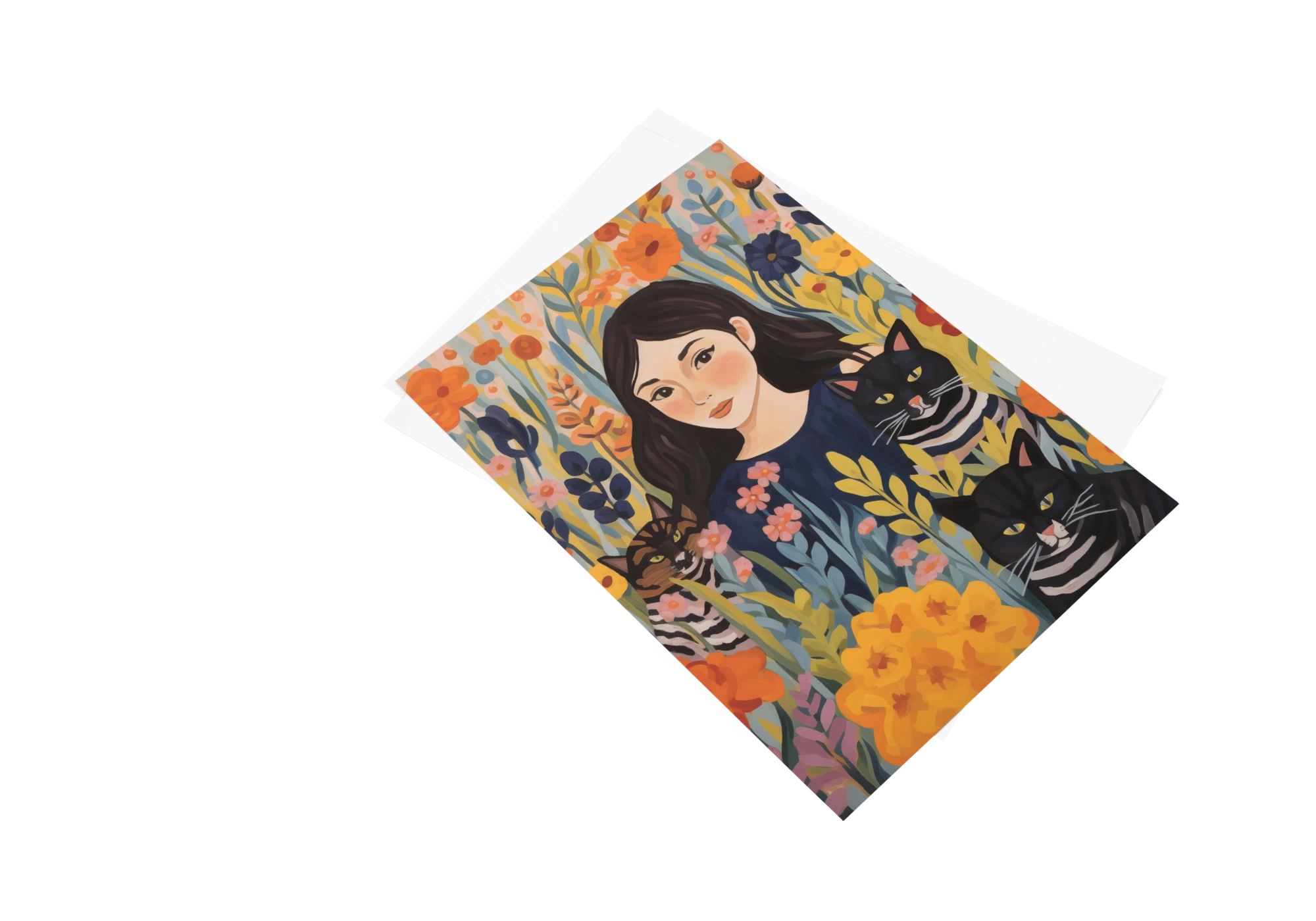 Transformez votre intérieur avec cette affiche vibrante illustrant une jeune femme entourée de chats et de fleurs colorées. Idéal pour ajouter une touche de nature et originalité. Ce poster encadré apportera une ambiance chaleureuse et artistique à votre maison.