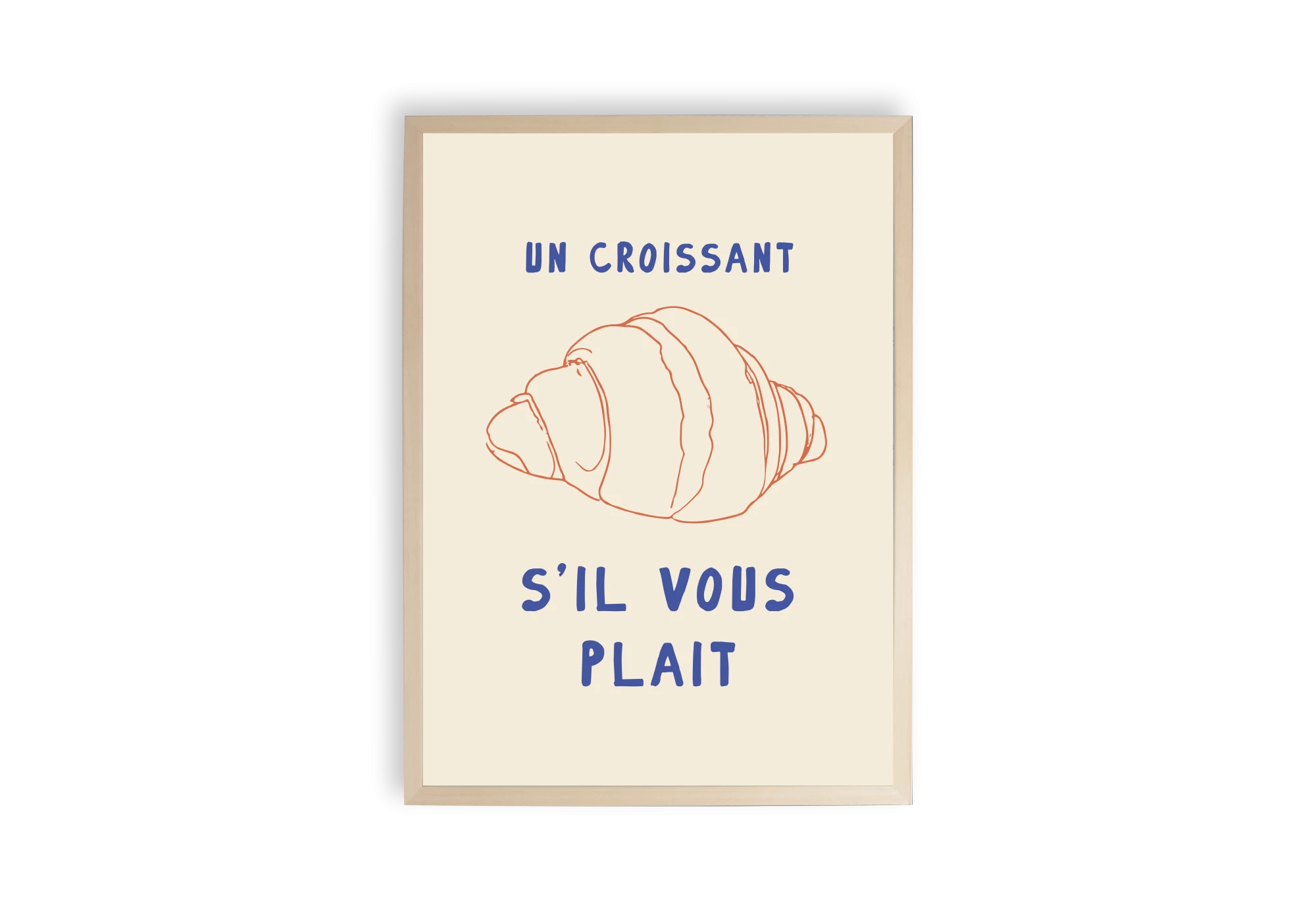 Cette affiche élégante présente un croissant dessiné avec les mots 'S'il vous plaît', parfaite pour cadre dans la cuisine ou salle à manger. Idéale pour ajouter une touche conviviale et gourmande à votre décoration intérieure. Transformez votre maison avec ce poster unique.