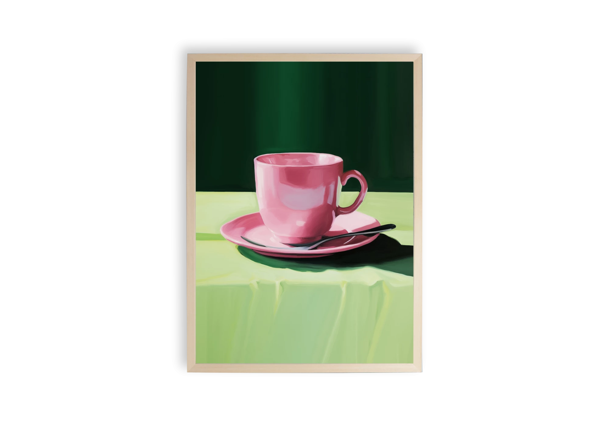 Cette affiche, joliment encadrée, est idéale pour décorer l'intérieur de votre maison. Elle présente une élégante tasse rose sur une table verte, apportant une touche artistique et moderne à votre espace. Un choix parfait pour les amateurs de décoration contemporaine et minimaliste.