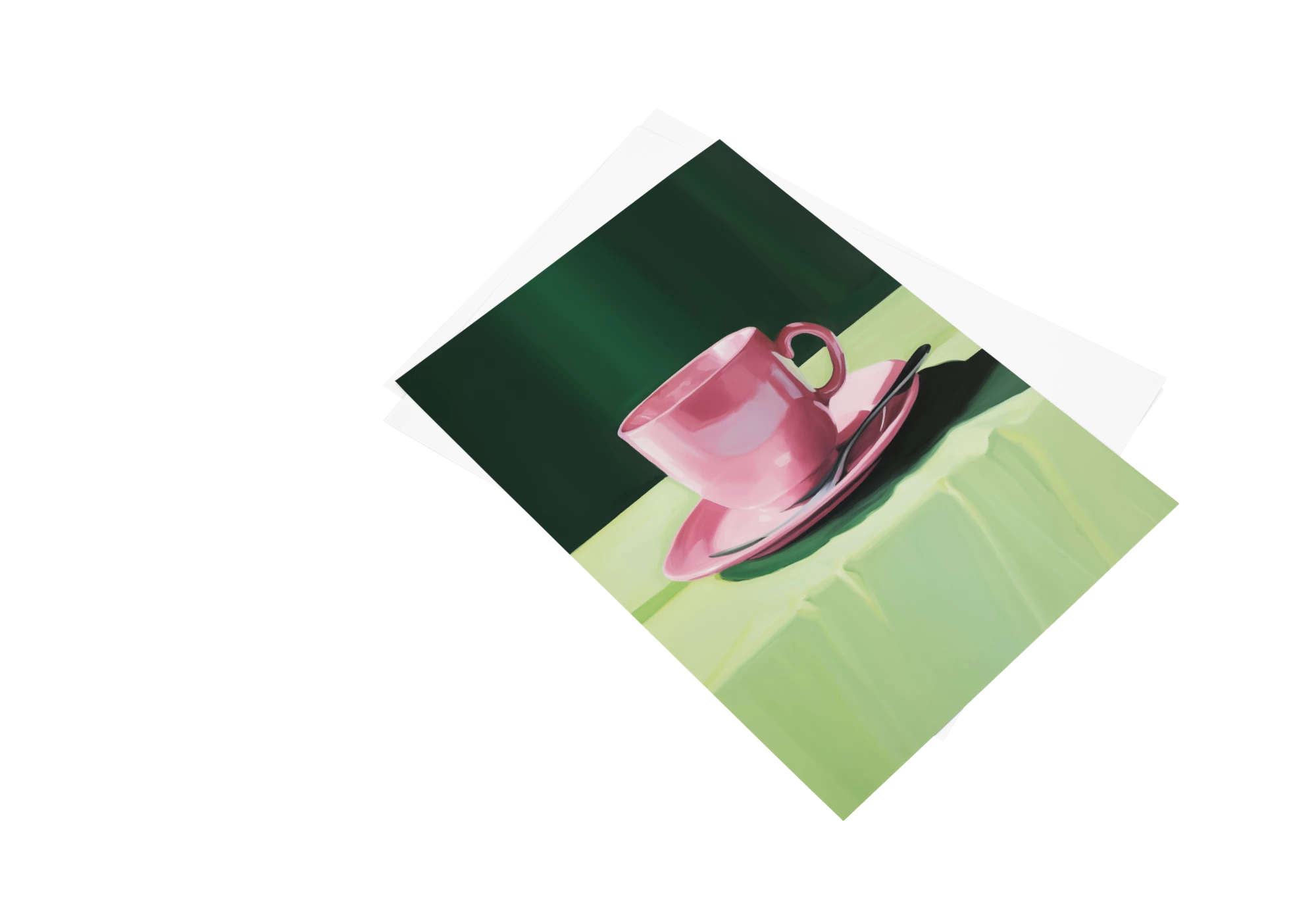 Élégant poster de tasse rose sur fond vert, idéal pour embellir l'intérieur de votre maison avec un cadre moderne. Ces affiches ajoutent une touche artistique et chaleureuse, parfaites pour toute pièce de vie. Une décoration unique qui se marie avec divers styles d'intérieur.