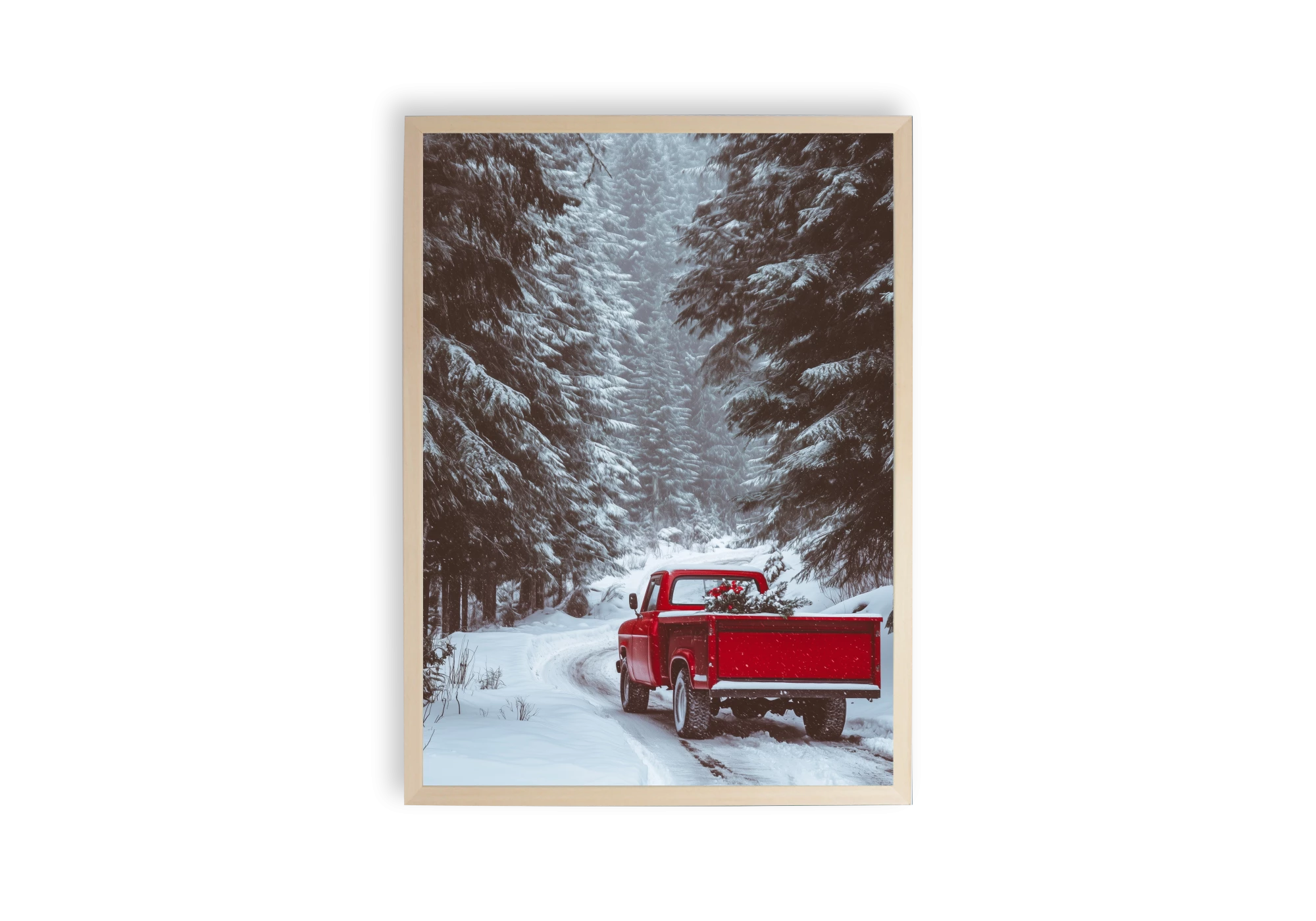 Ce poster capturant un camion rouge sur une route enneigée est idéal pour décorer l'intérieur de votre maison. Avec son cadre élégant, il apportera une touche de sérénité alpine à vos affiches préférées, enrichissant votre espace avec une ambiance chaleureuse et nature.