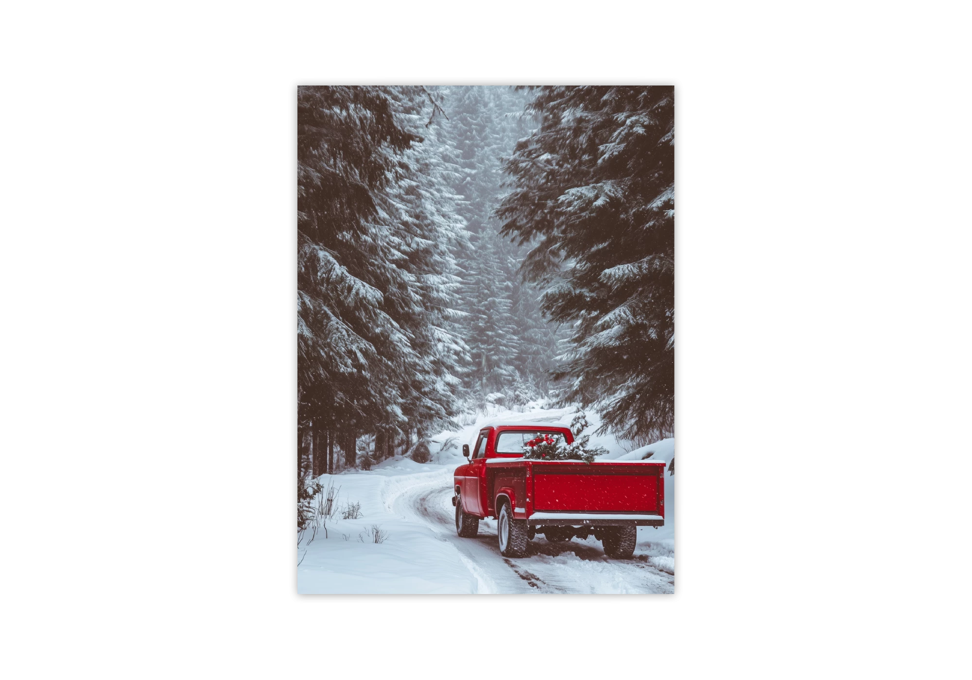 Cette affiche capture la sérénité d'un paysage hivernal avec un camion rouge traversant une forêt enneigée. Parfaite pour ajouter une touche chaleureuse et élégante à votre intérieur, ce poster encadré enrichira votre maison avec son charme rustique et apaisant.