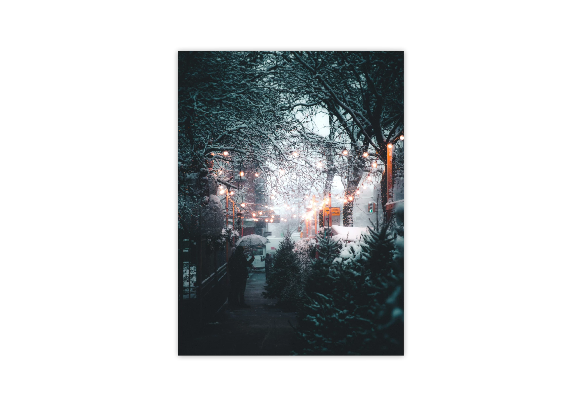 Un sublime poster capturant une scène hivernale féerique avec des lumières scintillantes. Idéal pour décorer l'intérieur d'une maison, ajoutant une touche de magie. Parfait pour être encadré et exposé, ce visuel séduisant égayera vos murs avec un charme tranquille.
