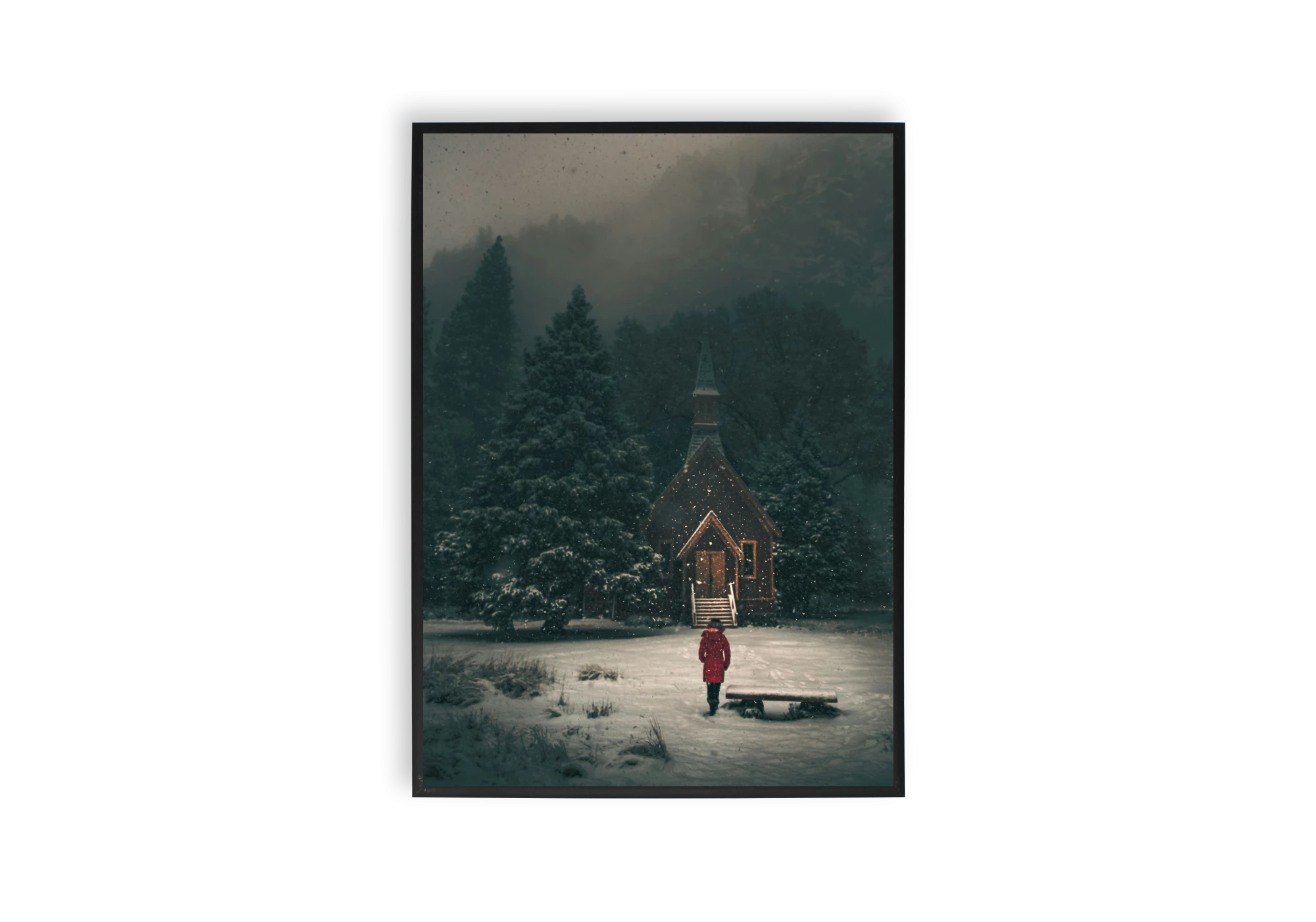 Plongez dans l'atmosphère magique d'une maison isolée dans la neige. Ce poster captivant est idéal pour votre intérieur, ajoutant une touche artistique et hivernale. Encadré avec soin, il évoquera chaleur et mystère avec ses arbres enneigés et son sentier tranquille.