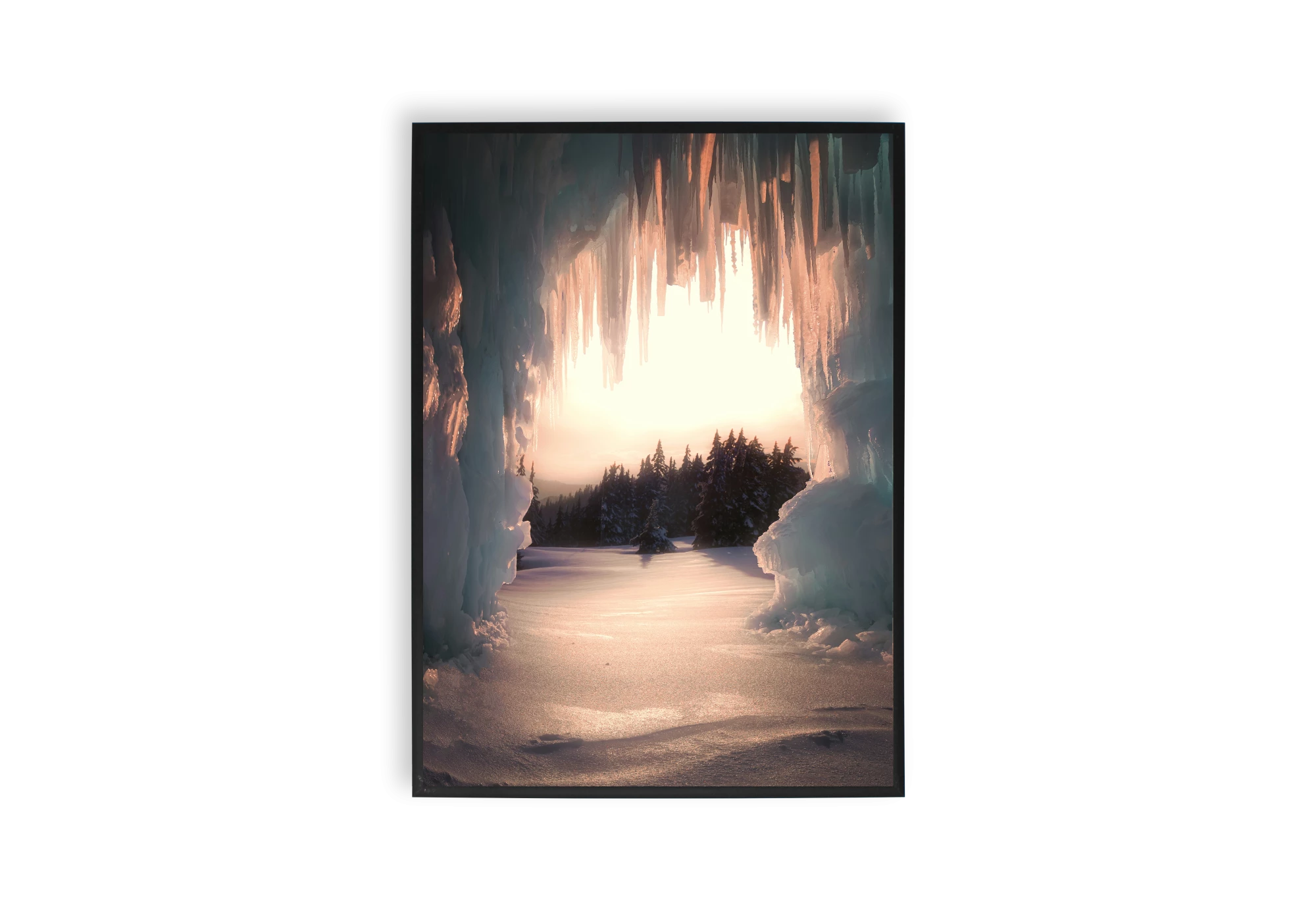 Plongez dans un paysage hivernal enchanteur avec ce poster captivant. Des stalactites glacées encadrent une vue lumineuse de nature enneigée, ajoutant une touche sereine à votre intérieur. Parfait pour décorer votre maison avec élégance et calme.