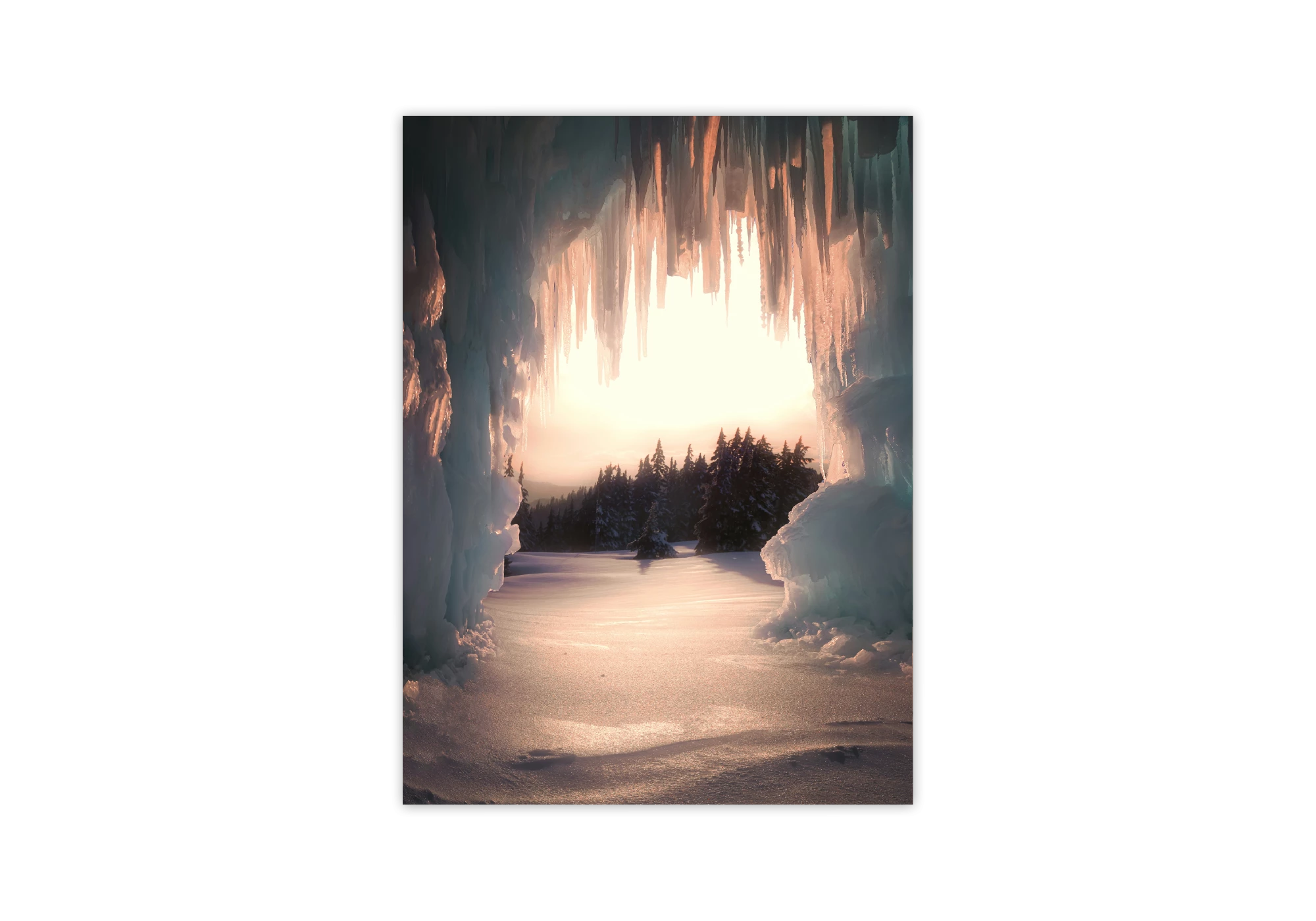 Cette affiche captivante illustre une scène sereine d'un paysage enneigé depuis l'intérieur d'une grotte glacée. Idéale pour votre maison, elle ajoute une touche d'évasion à votre intérieur. Encadrée avec soin, elle est un élément parfait pour vos murs.