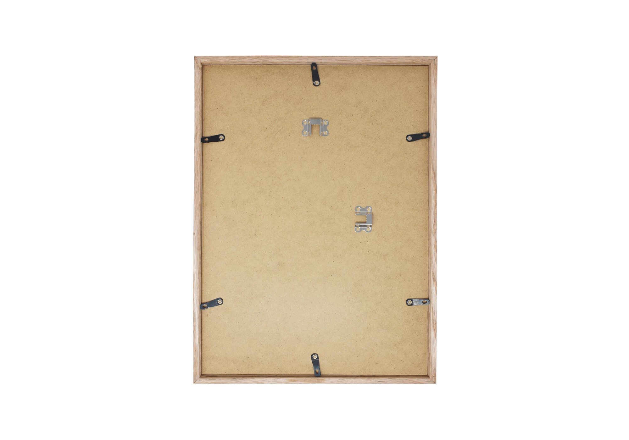 Dos en MDF avec une attache de suspension mural amovible en portrait et en paysage et 4 attaches pivotantes pour fermer le cadre en bois A5. Il y a un de pied de pose sur ce format.