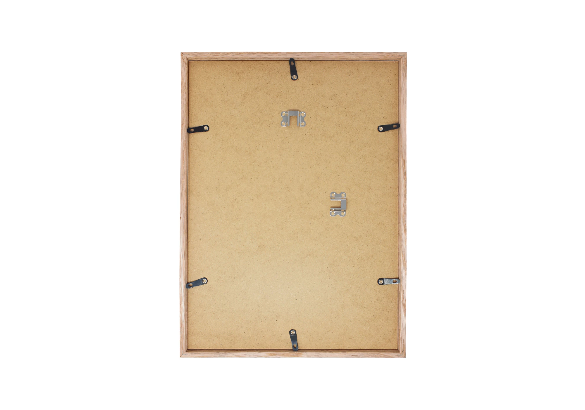 Dos en MDF avec deux attaches de suspension mural et 6 attaches pivotantes pour ferme le cadre en bois A4. Il n'y a pas de pied de pose sur ce format.