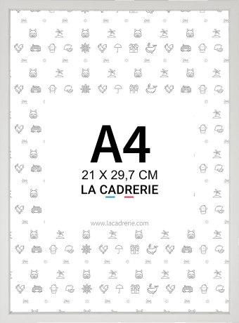 Cadre photo blanc en bois d'ayous au format A4 - 21x29,7 cm avec, au choix, vitre en verre.