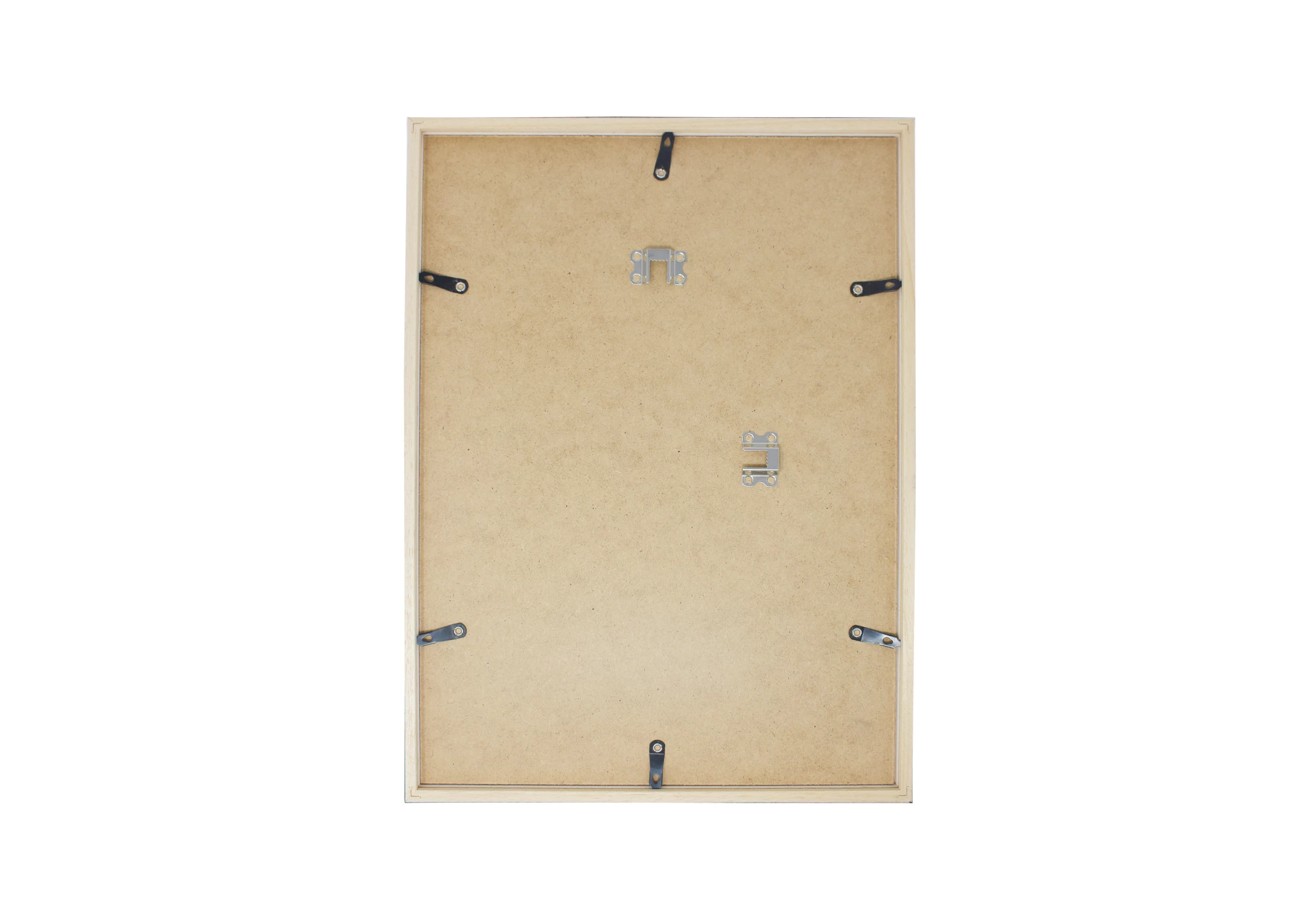 Le dos du cadre A2 en bois d'ayous blanc est en MDF et comporte 2 attaches de suspension murale ainsi que 12 attaches pivotantes pour fermer le cadre. Il n'y a pas de pied de pose pour ce format.