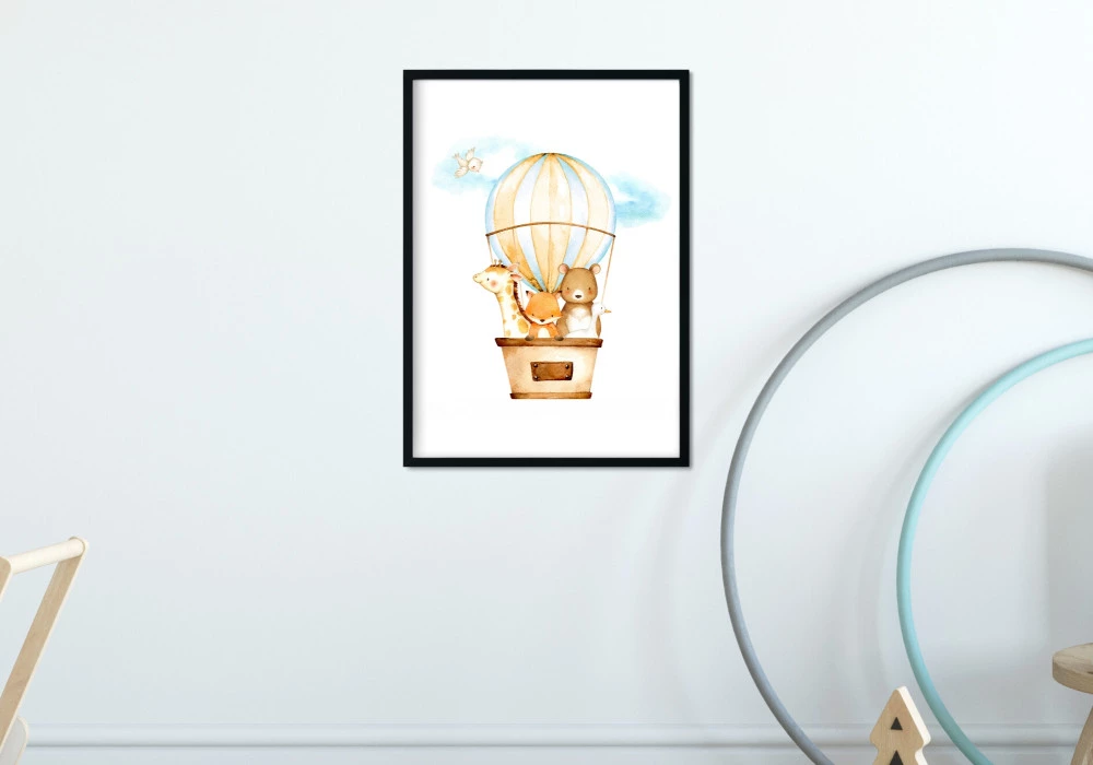 Poster aquarelle animaux dans une montgolfière