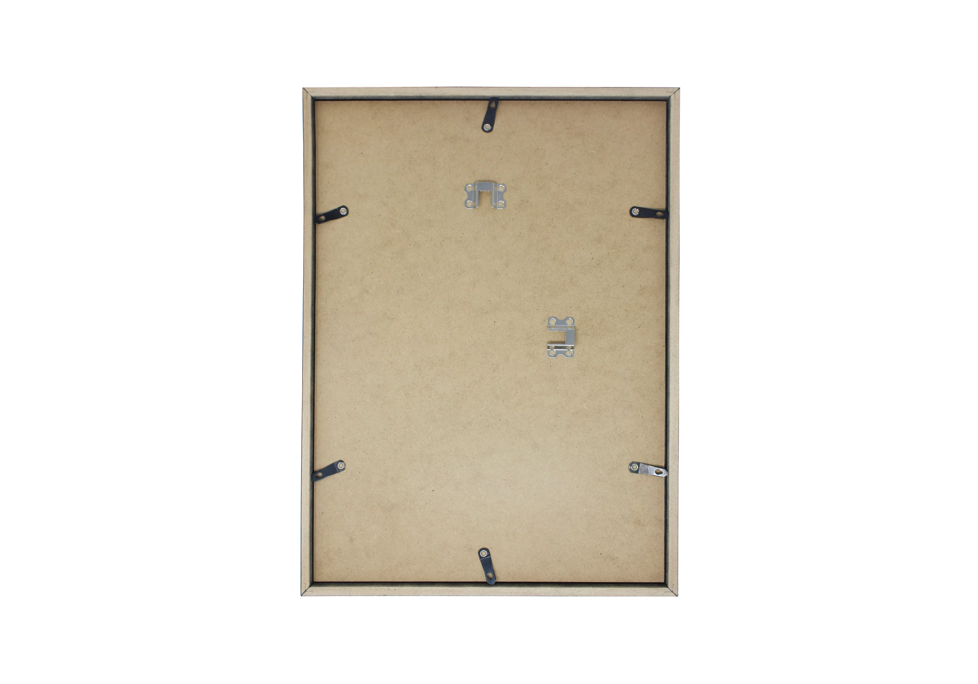 Le dos du cadre A2 en bois d'ayous noir est en MDF et comporte 2 attaches de suspension murale ainsi que 12 attaches pivotantes pour fermer le cadre. Il n'y a pas de pied de pose pour ce format.
